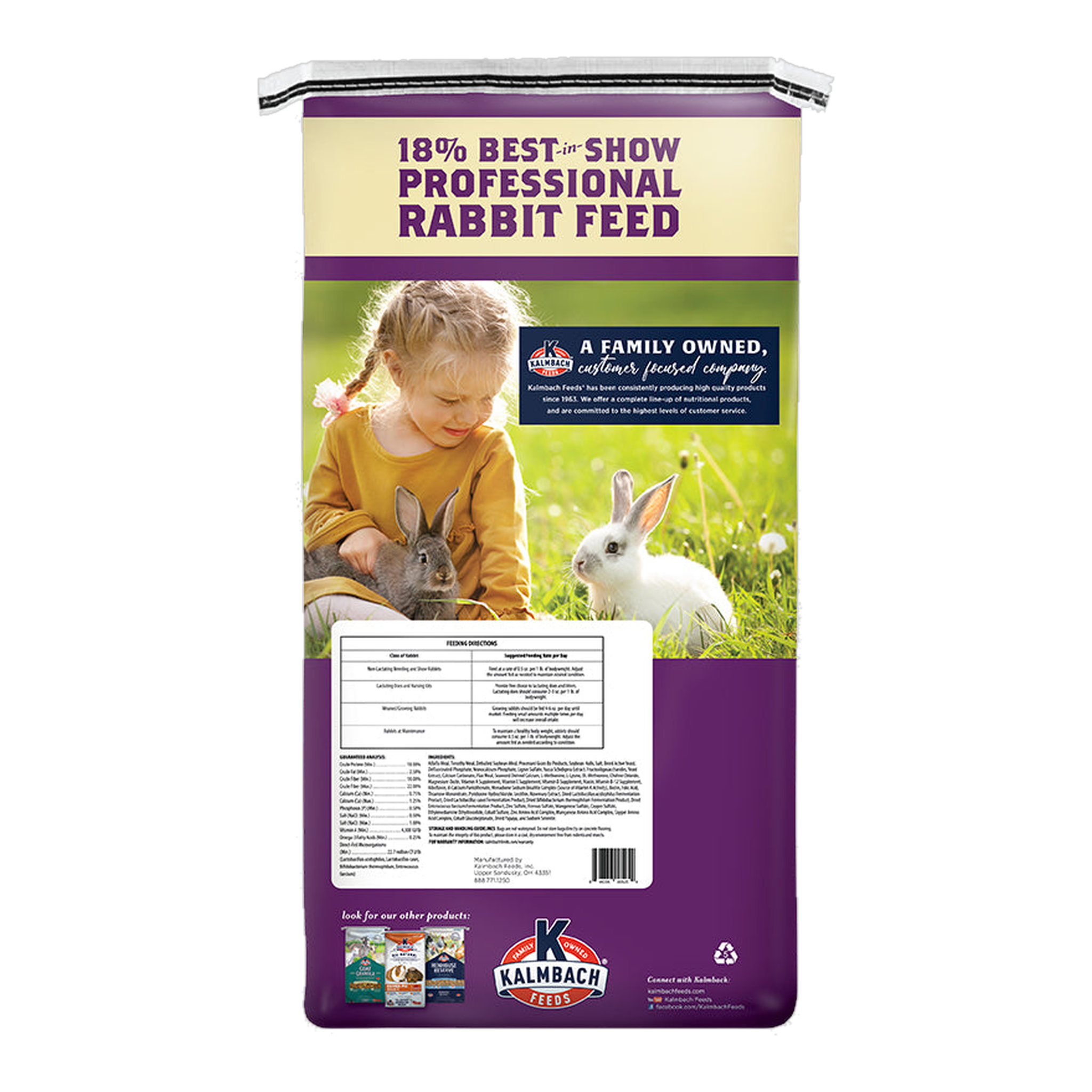 Kalmbach Feeds 18% Best-in-Show Rabbit Pellet 50 lb bag back with feeding directions
