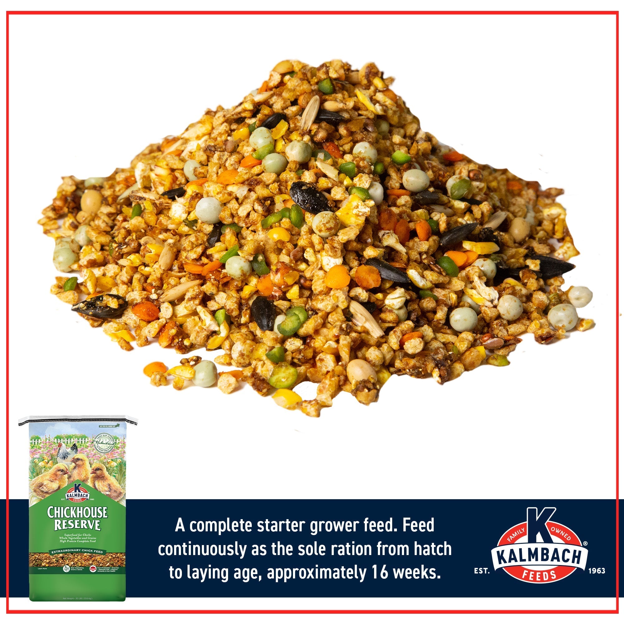 Close-up of Chickhouse Reserve textured chick feed with whole grains, peas, and seeds