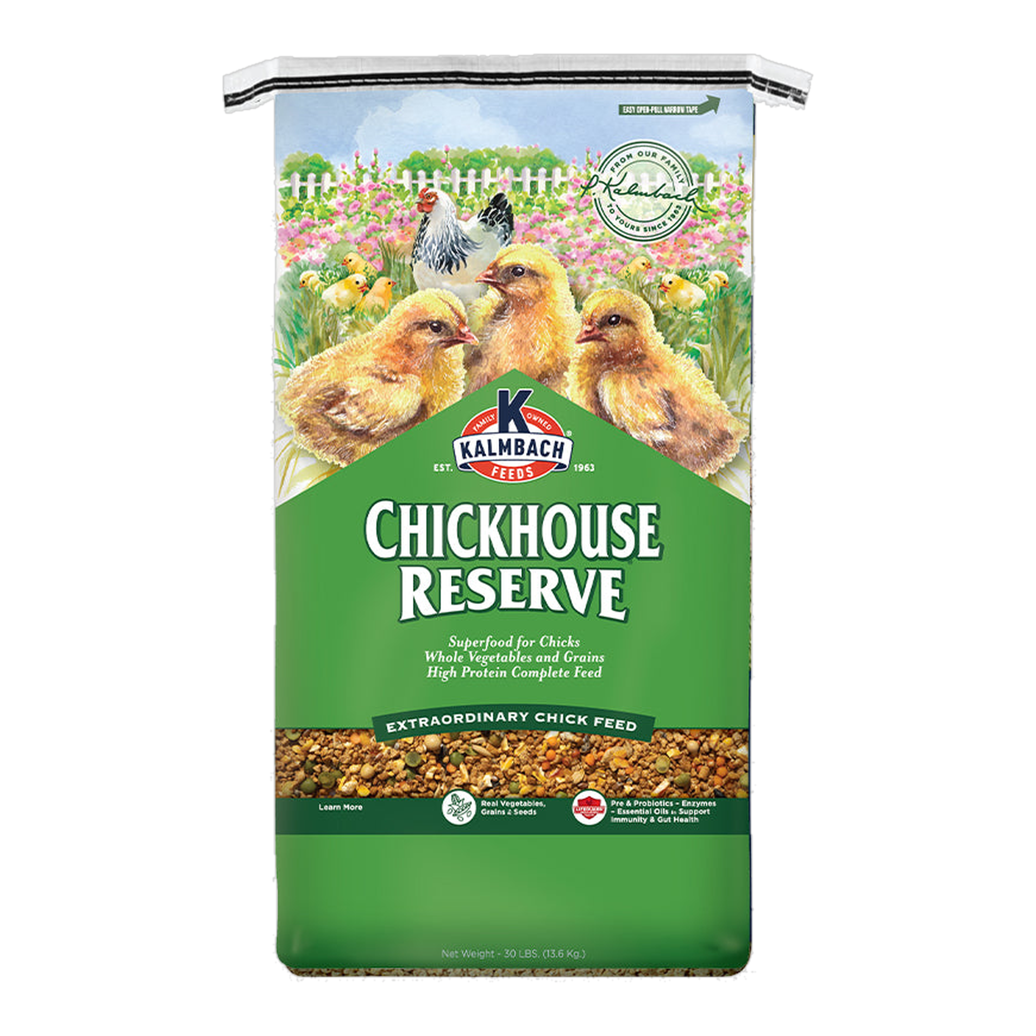 Kalmbach Feeds Chickhouse Reserve Chicken Starter Feed 30 lb bag front #30 lb