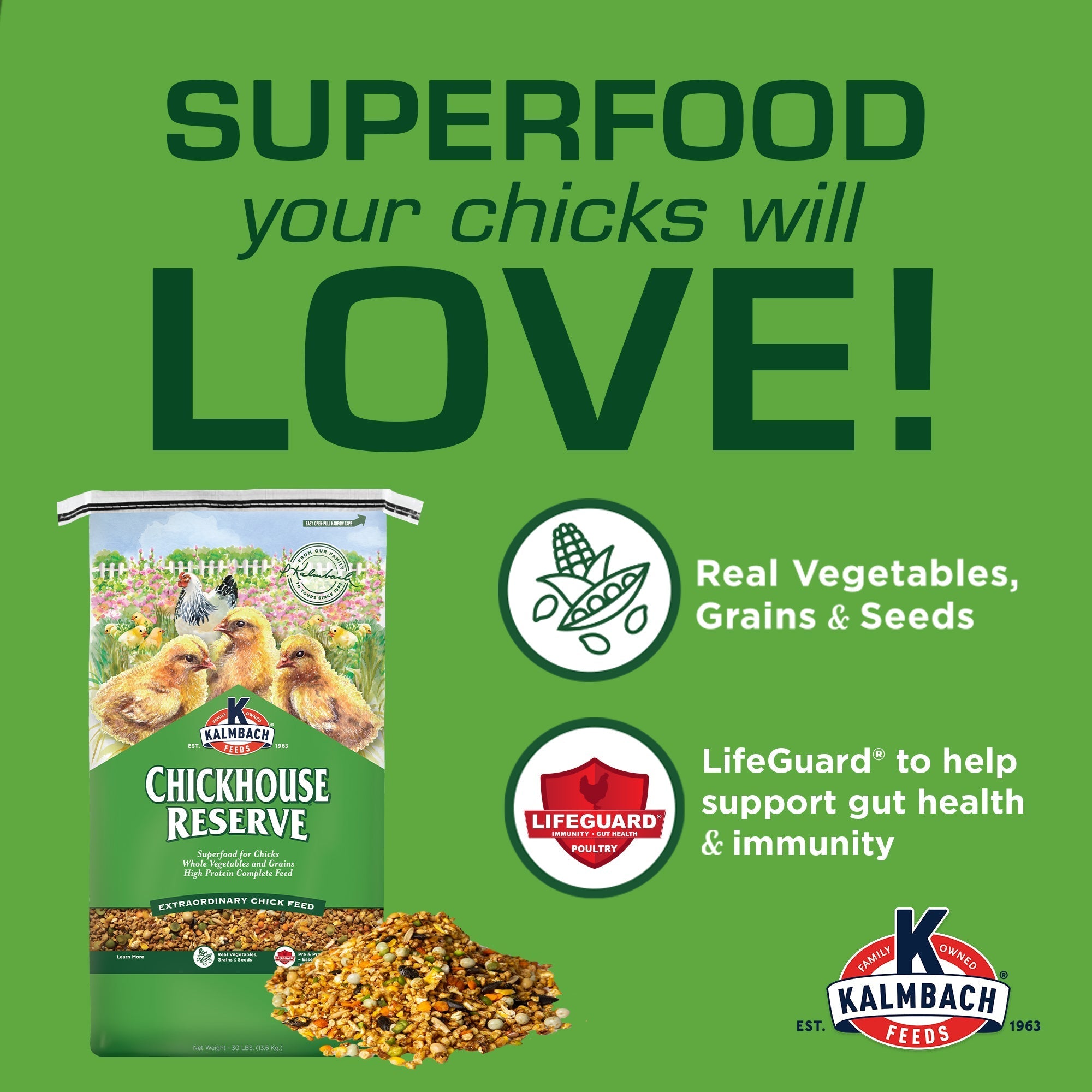 Superfood your chicks will love graphic with Chickhouse Reserve bag and LifeGuard callouts