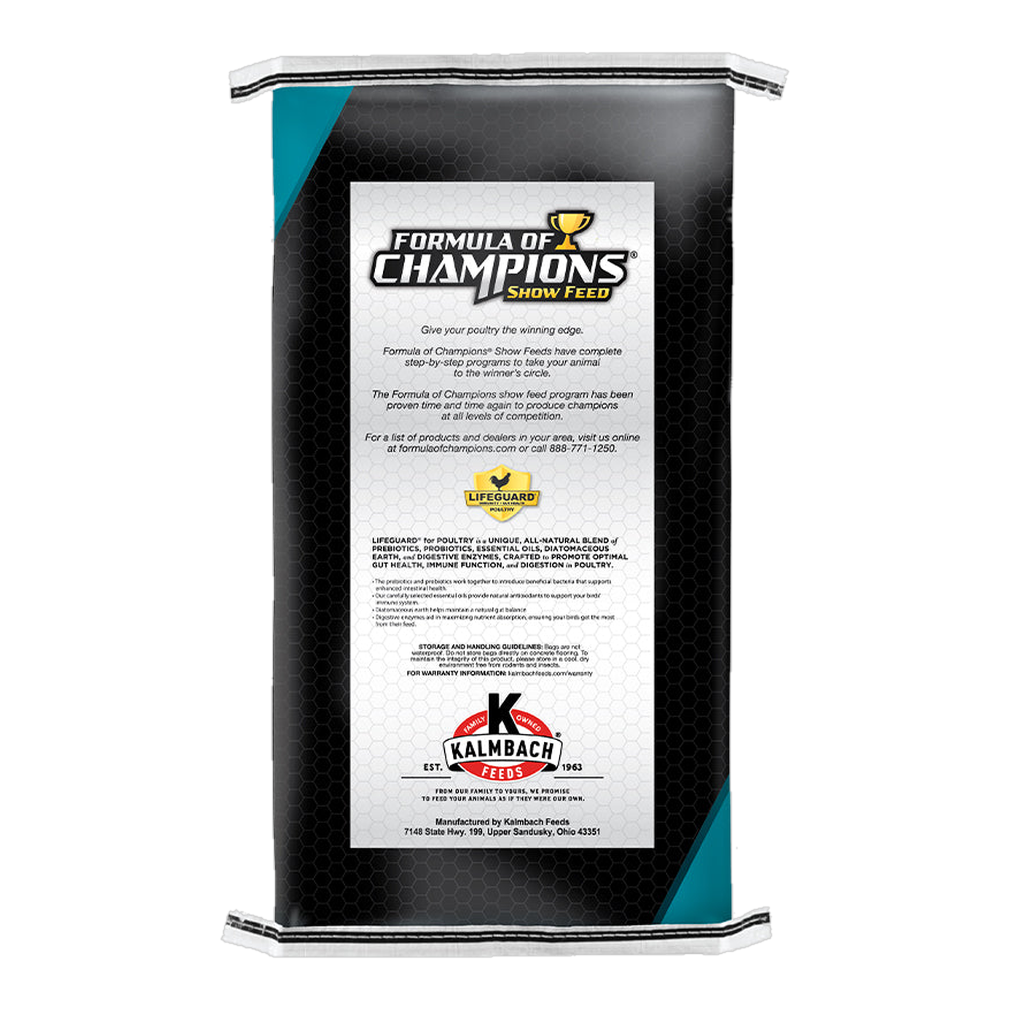 Kalmbach Feeds Fancy & Feathered show feed bag back with LifeGuard details #50 lb