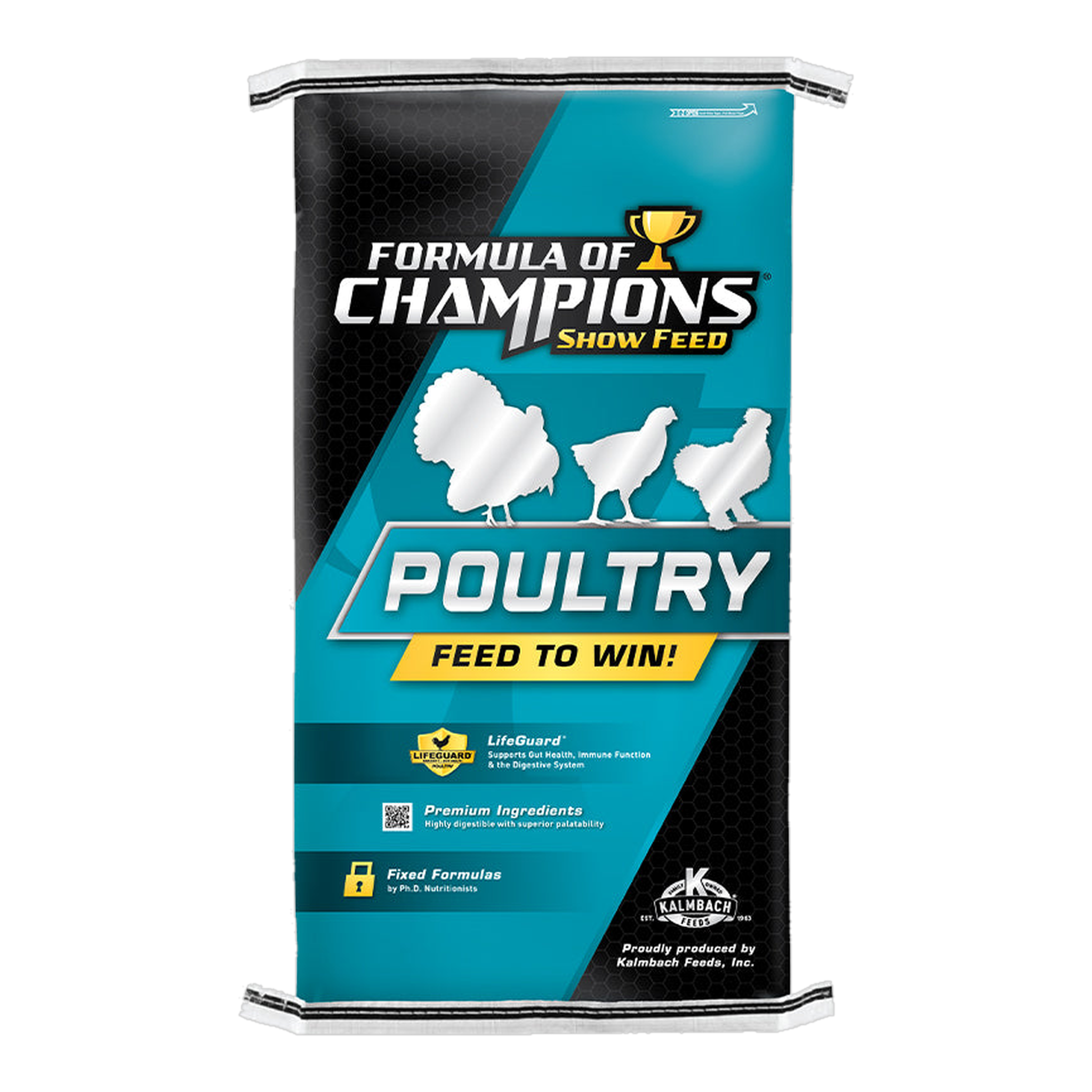 Kalmbach Feeds Fancy & Feathered Formula of Champions poultry show feed bag front #50 lb