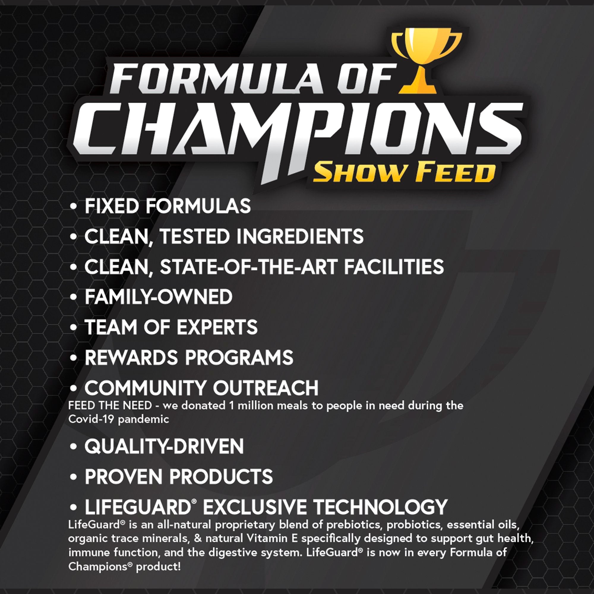 Why Formula of Champions Show Feed - fixed formulas, clean tested ingredients, LifeGuard technology