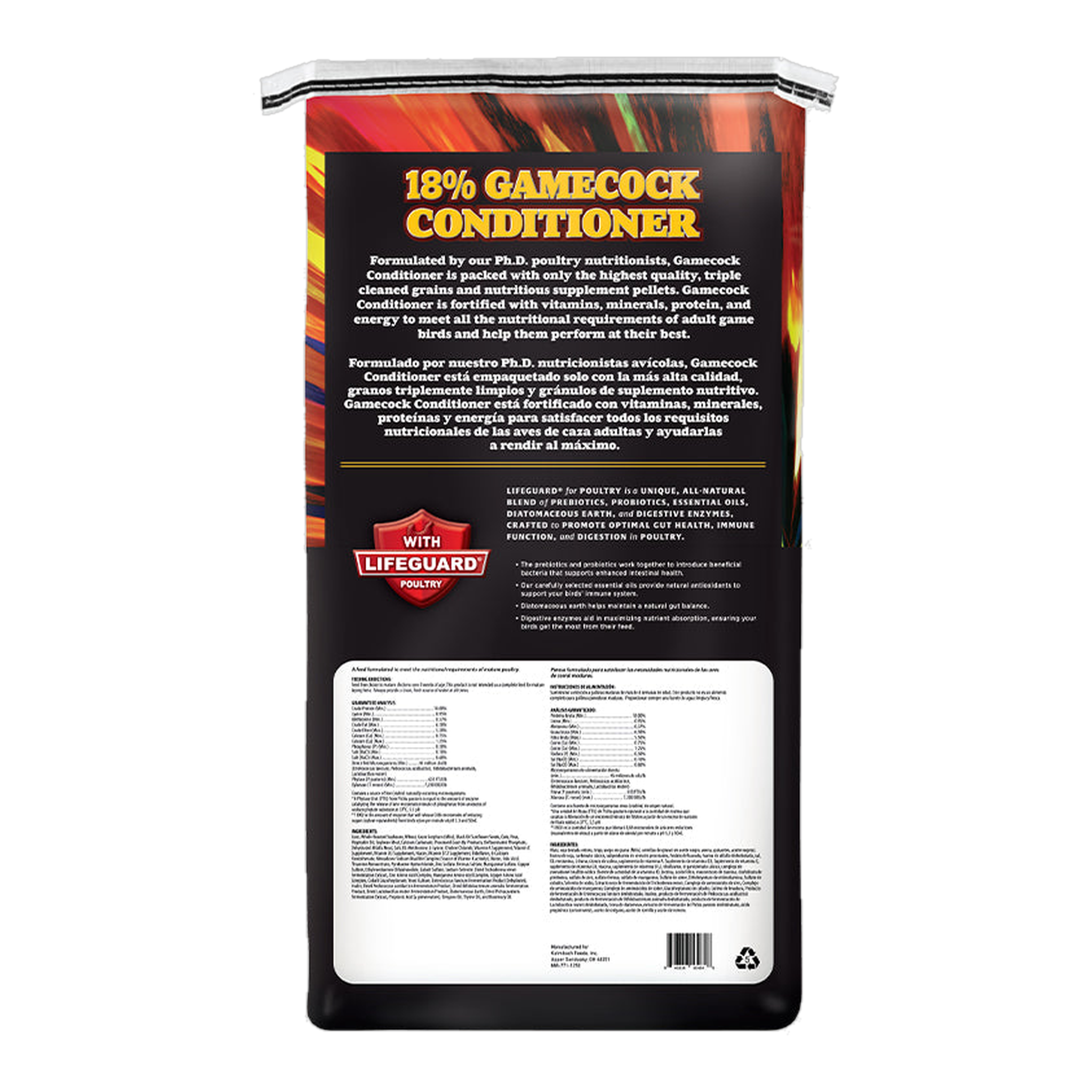 Kalmbach Feeds Game Time Elite 18% Gamecock Conditioner bag back with feeding directions and guaranteed analysis #50 lb