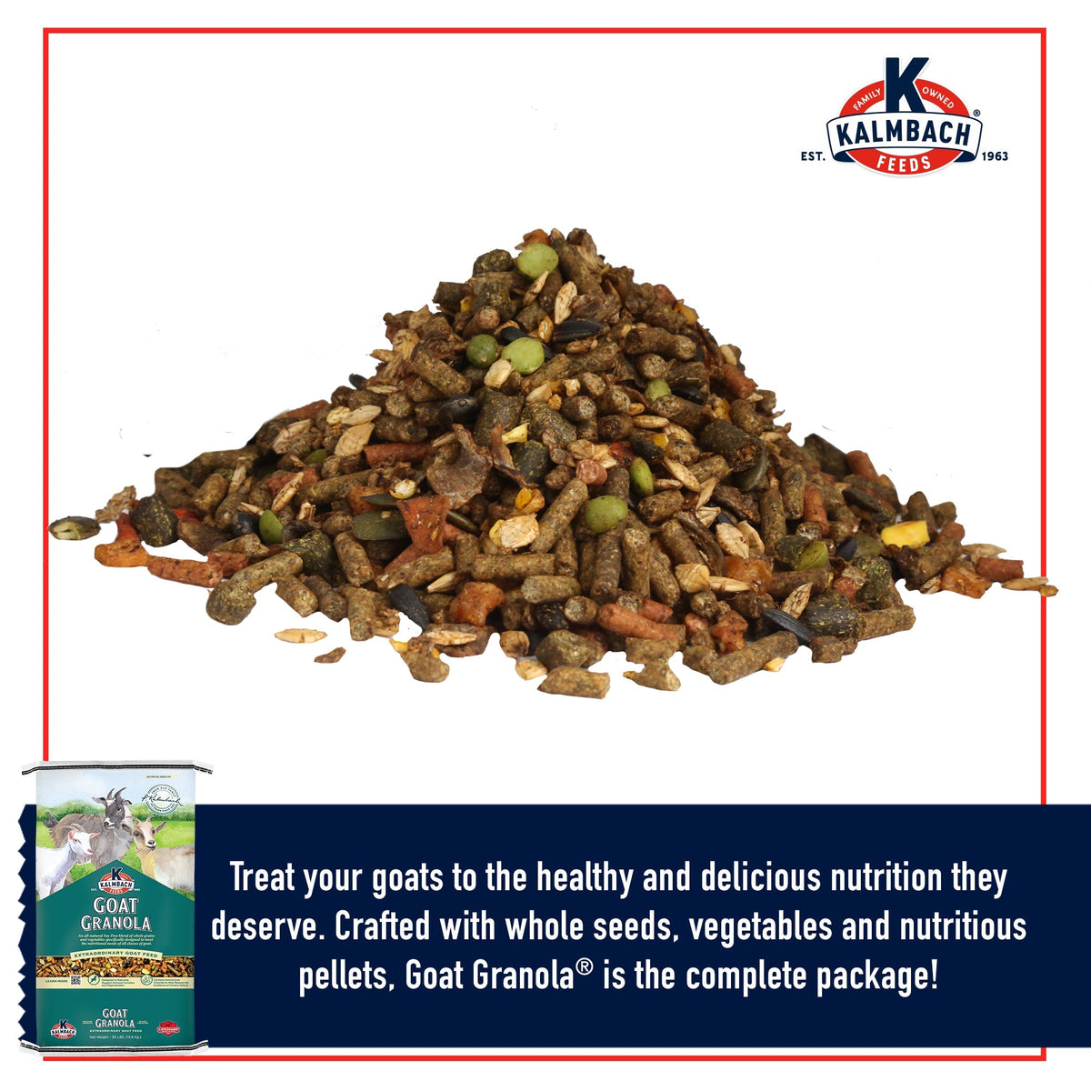 Goat Granola textured feed close-up with seeds, vegetables, and pellets