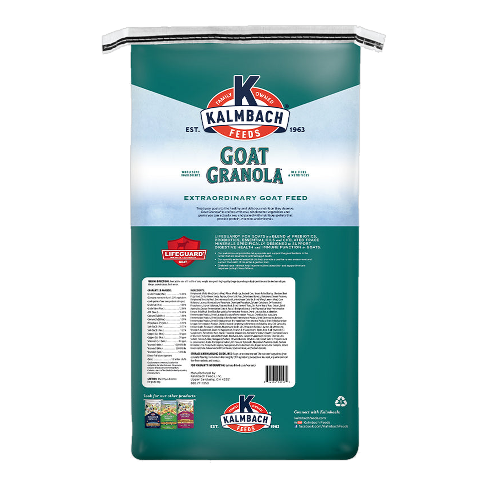 Kalmbach Feeds Goat Granola 30 lb bag back with feeding directions and guaranteed analysis #30 lb