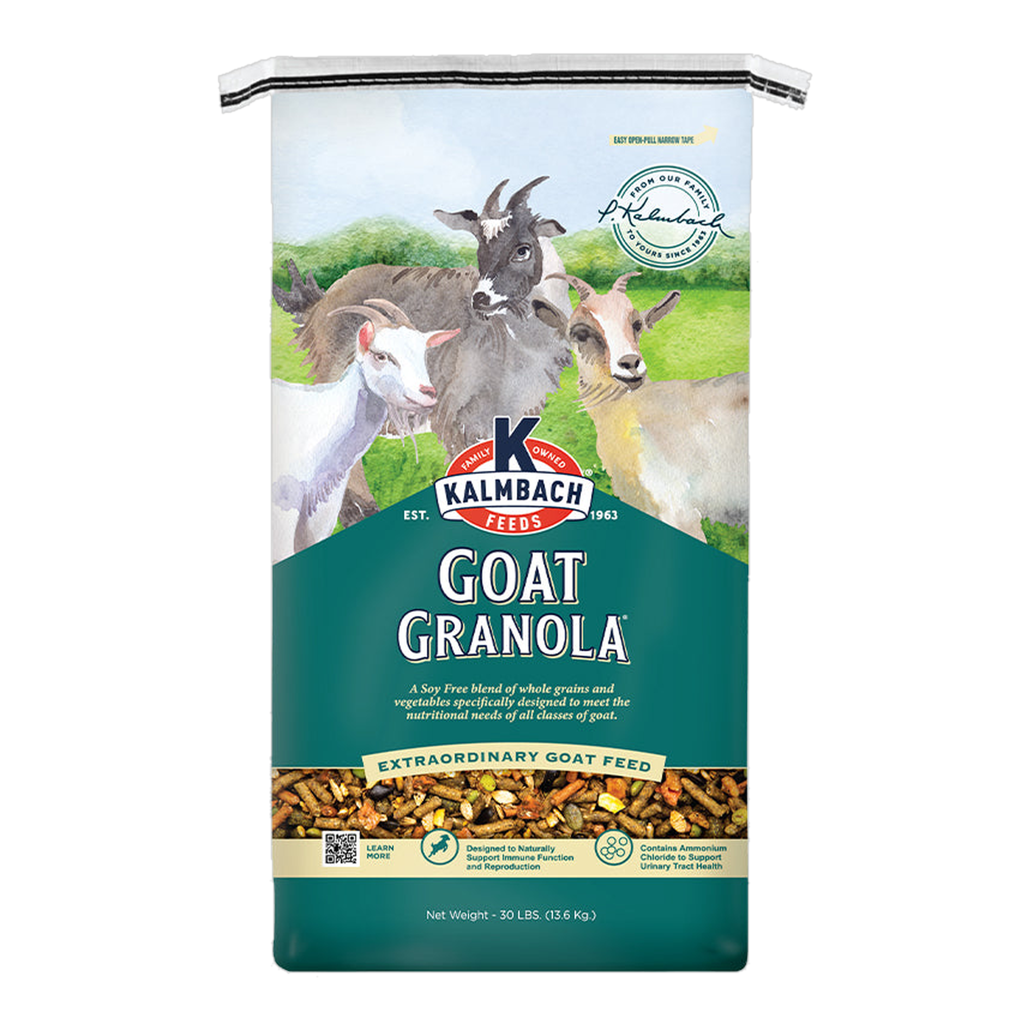 Kalmbach Feeds Goat Granola soy-free goat feed 30 lb bag front #30 lb