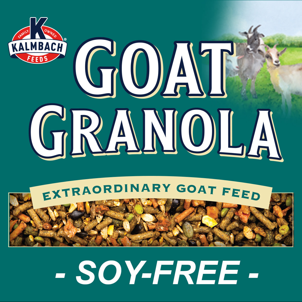 Goat kids playing with Goat Granola feed graphic