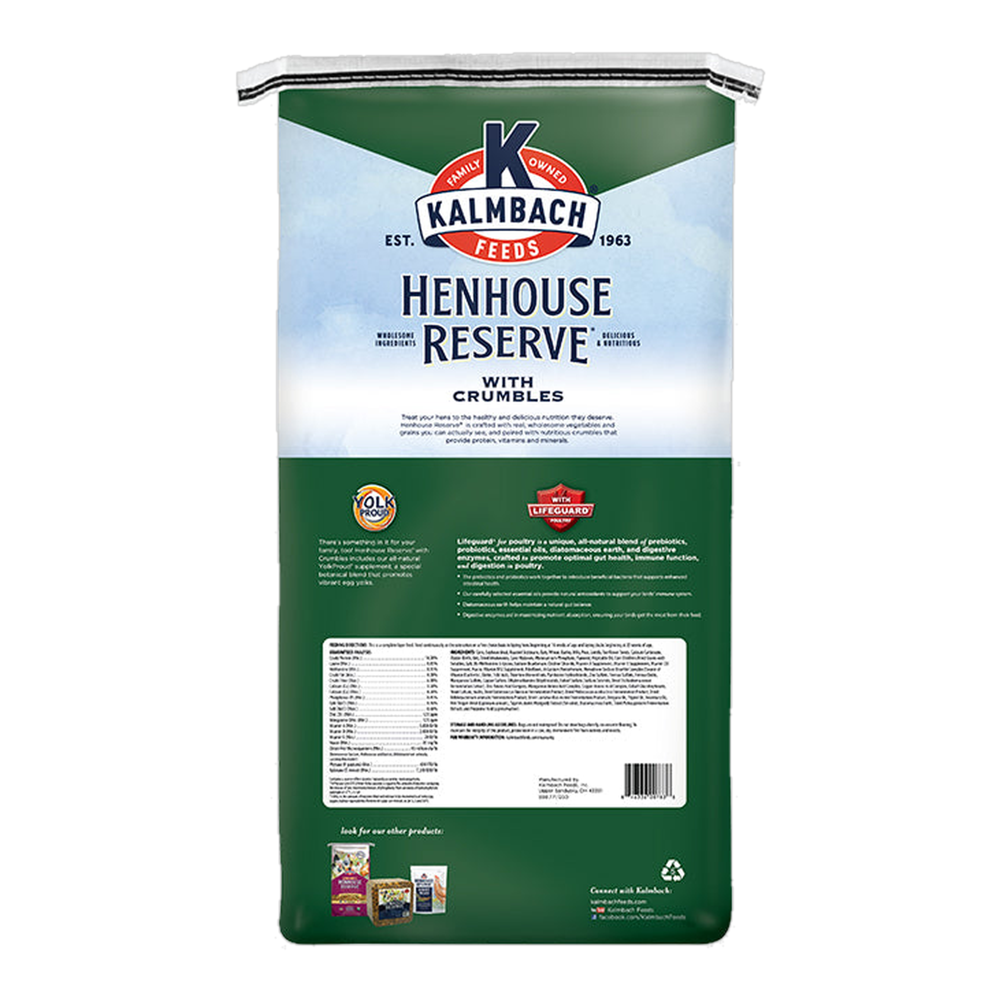 Kalmbach Feeds Henhouse Reserve with Crumbles 30 lb bag back with guaranteed analysis and ingredients #30 lb