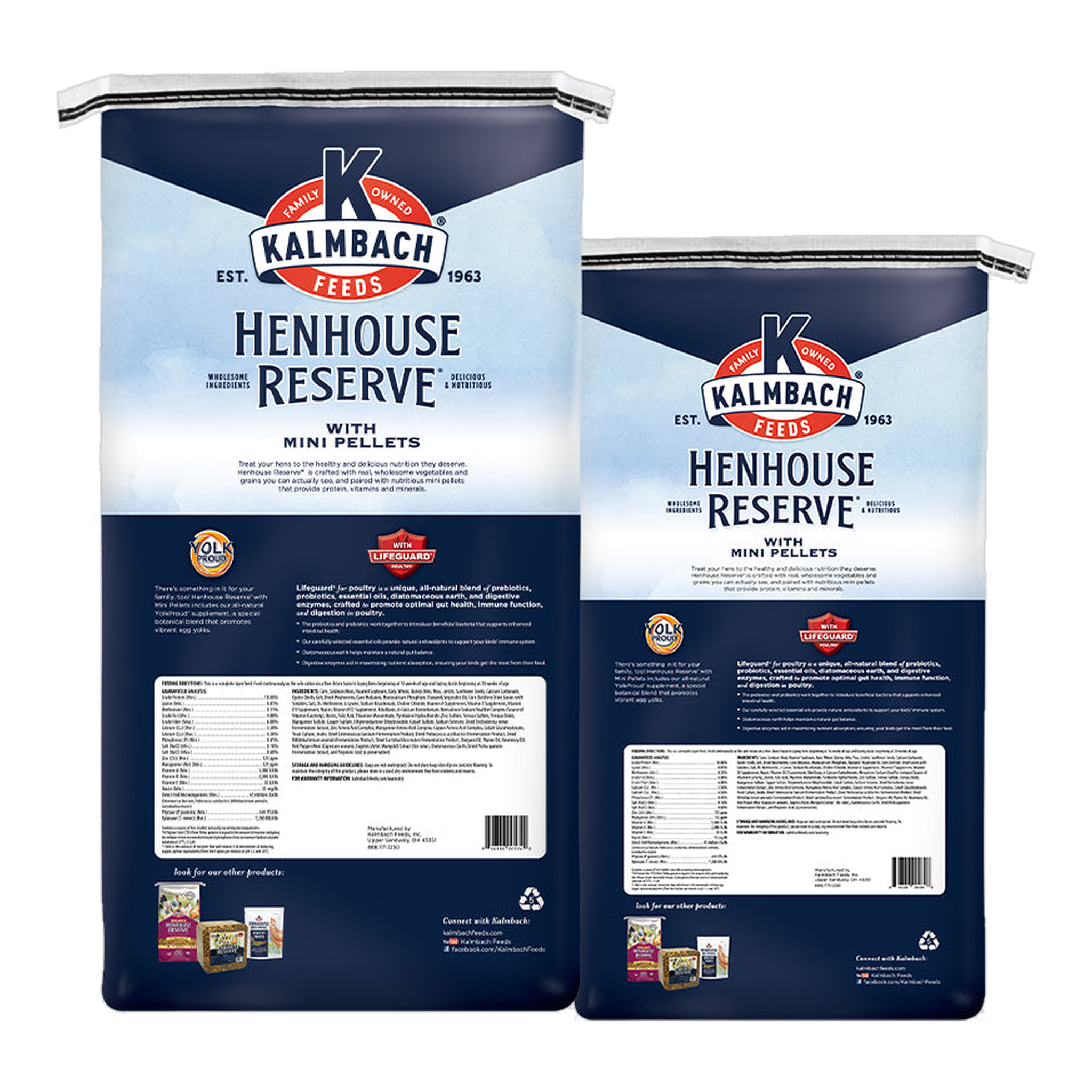 Kalmbach Feeds Henhouse Reserve layer feed, back of bags with feeding directions and guaranteed analysis