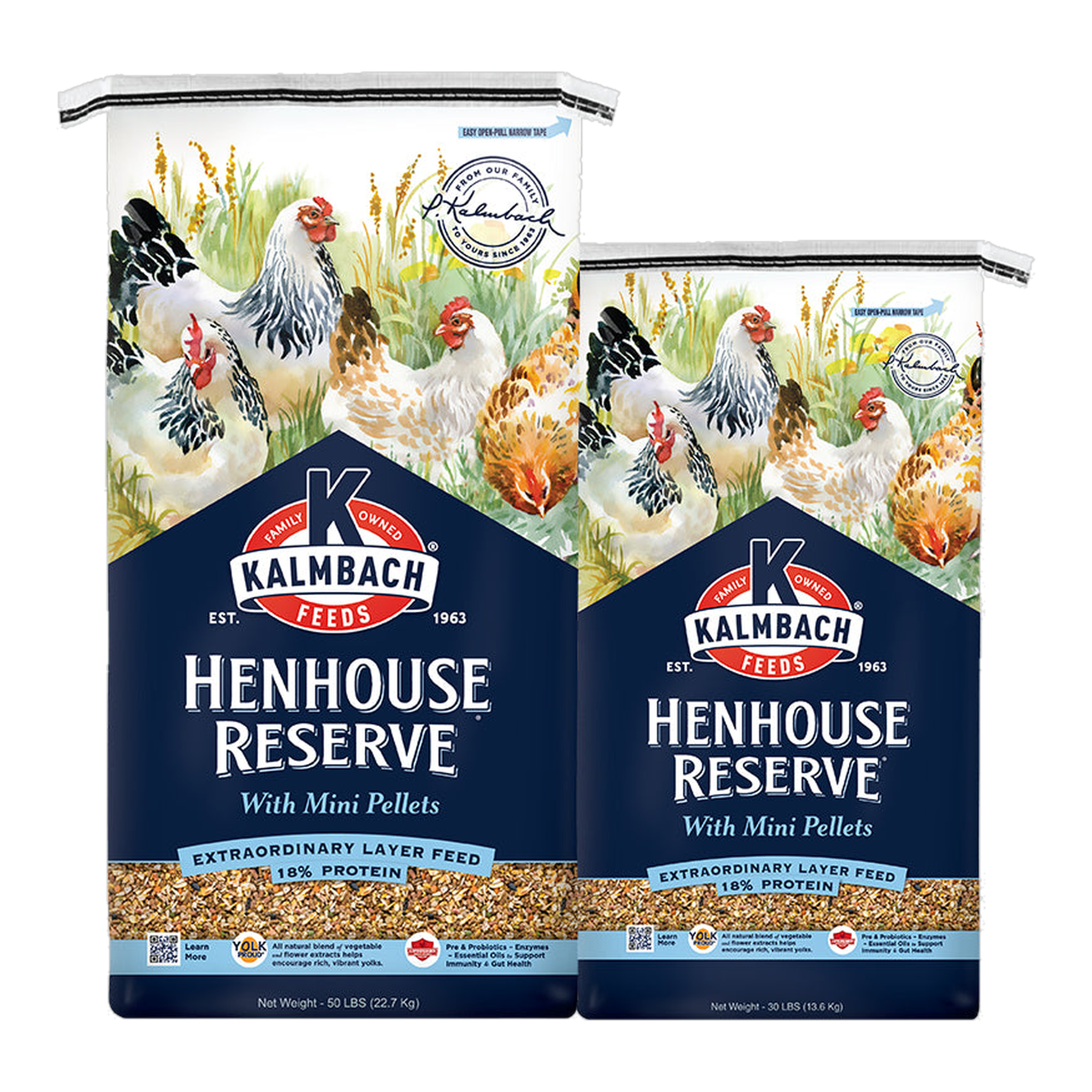 Kalmbach Feeds Henhouse Reserve layer feed for chickens, front of 50 lb and 30 lb bags