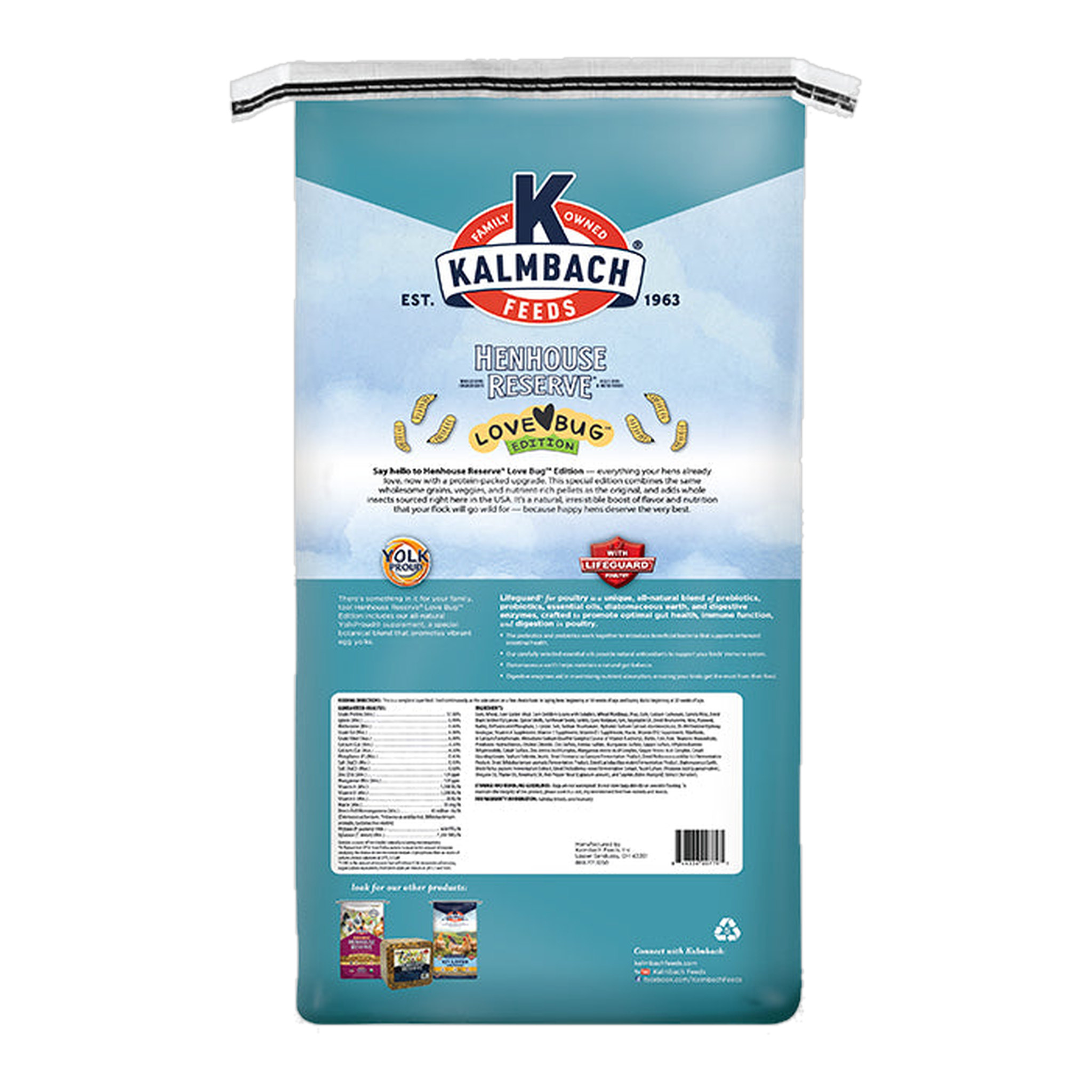 Kalmbach Feeds Henhouse Reserve Love Bug 30 lb bag back with guaranteed analysis and ingredients #30 lb