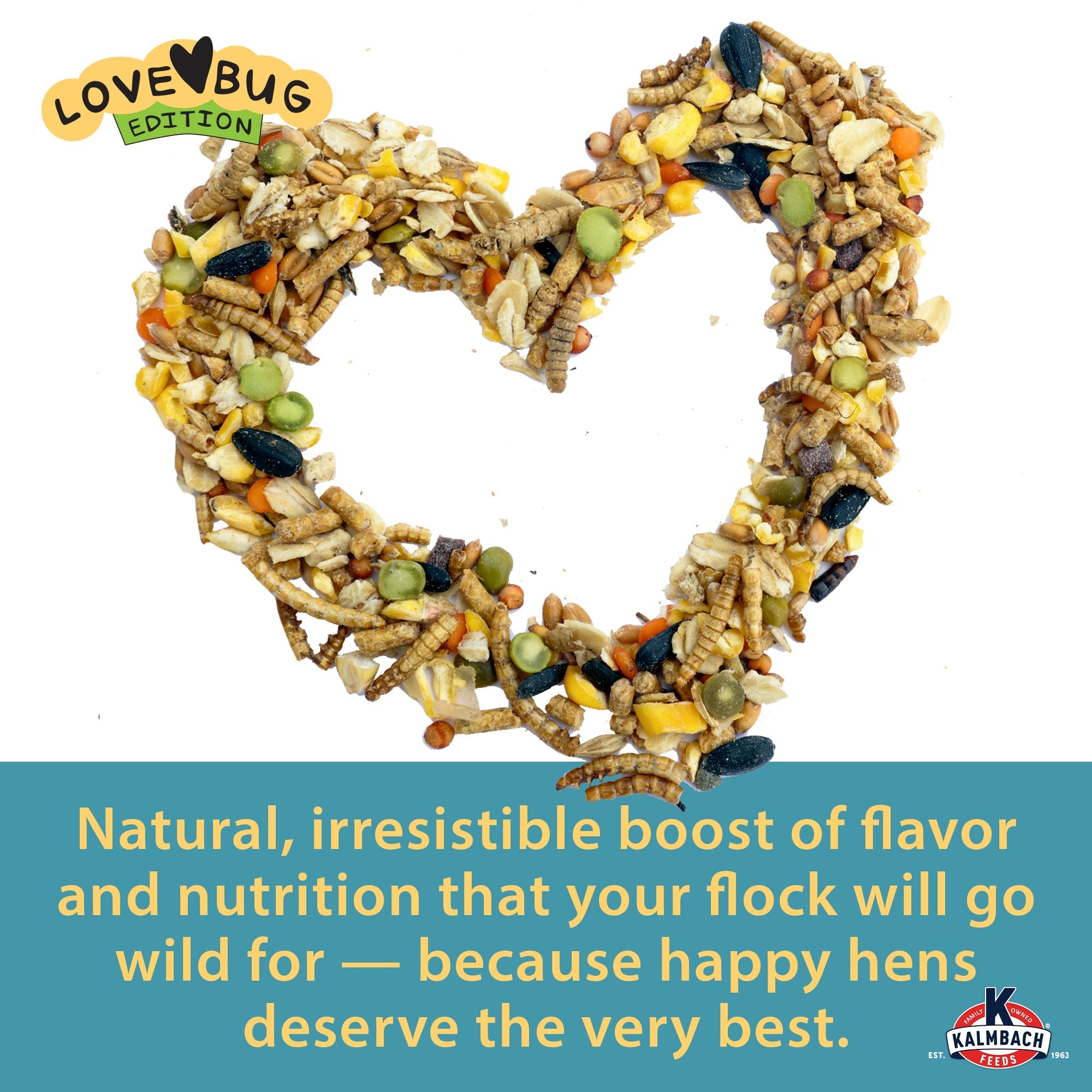 Love Bug Edition graphic: feed arranged in a heart shape with natural flavor and nutrition message