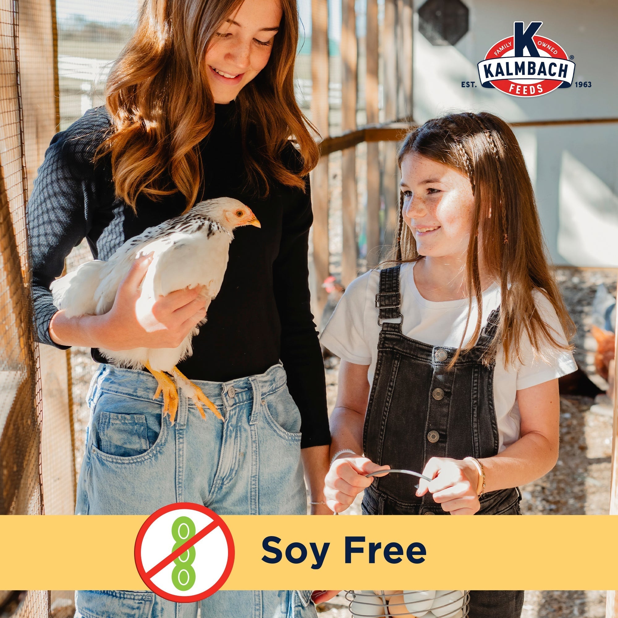 Kalmbach graphic: soy free feed, girls holding a chicken in the coop