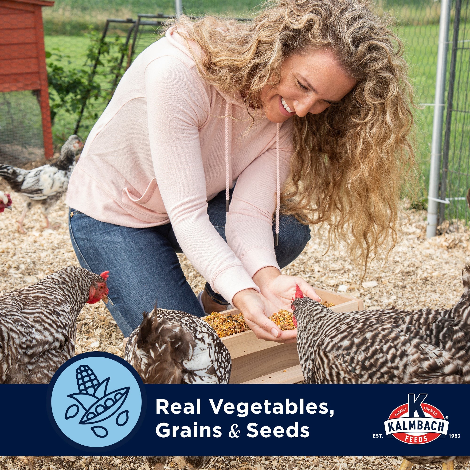 Backyard flock keeper hand-feeding chickens Henhouse Reserve with real vegetables, grains, and seeds