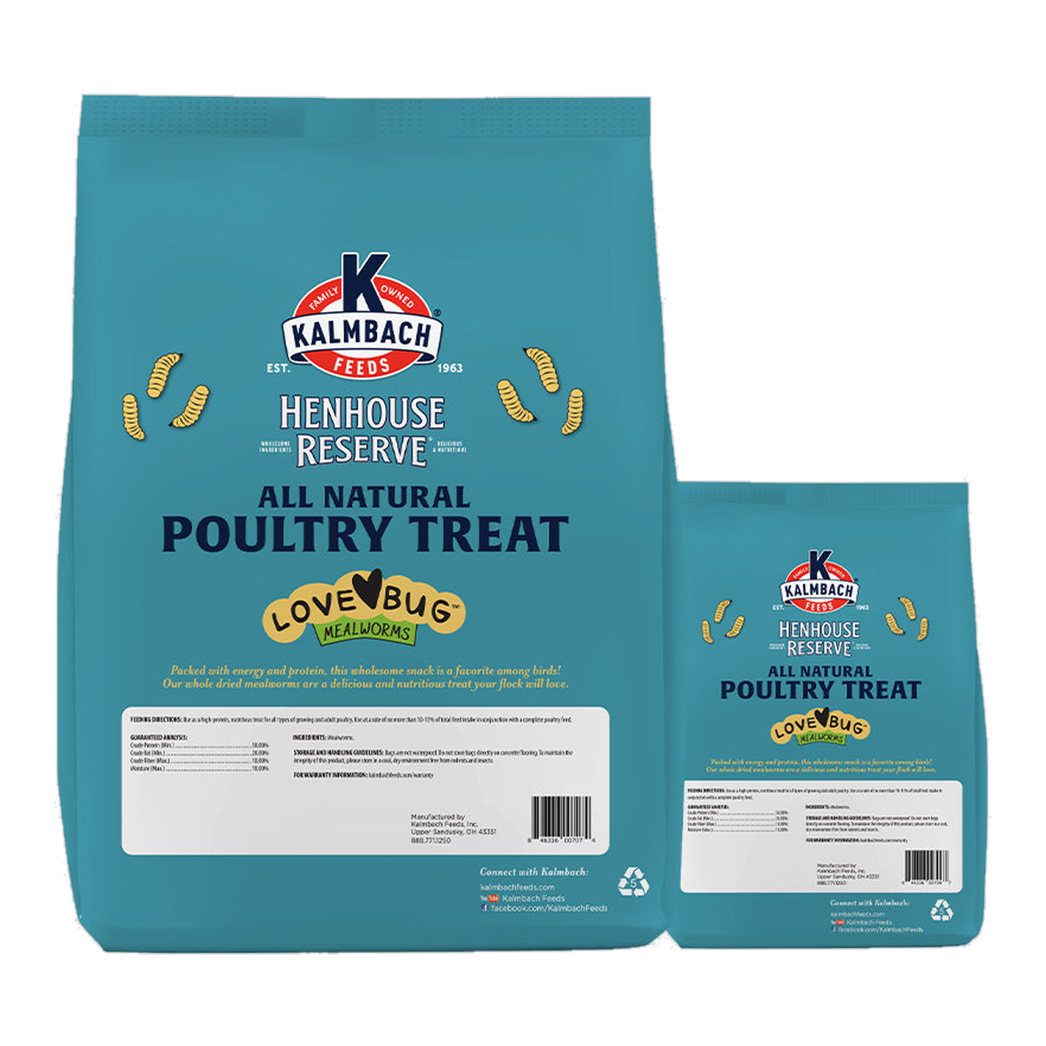 Kalmbach Feeds Henhouse Reserve Love Bug Mealworm Treats bag back with feeding directions and guaranteed analysis #30 oz