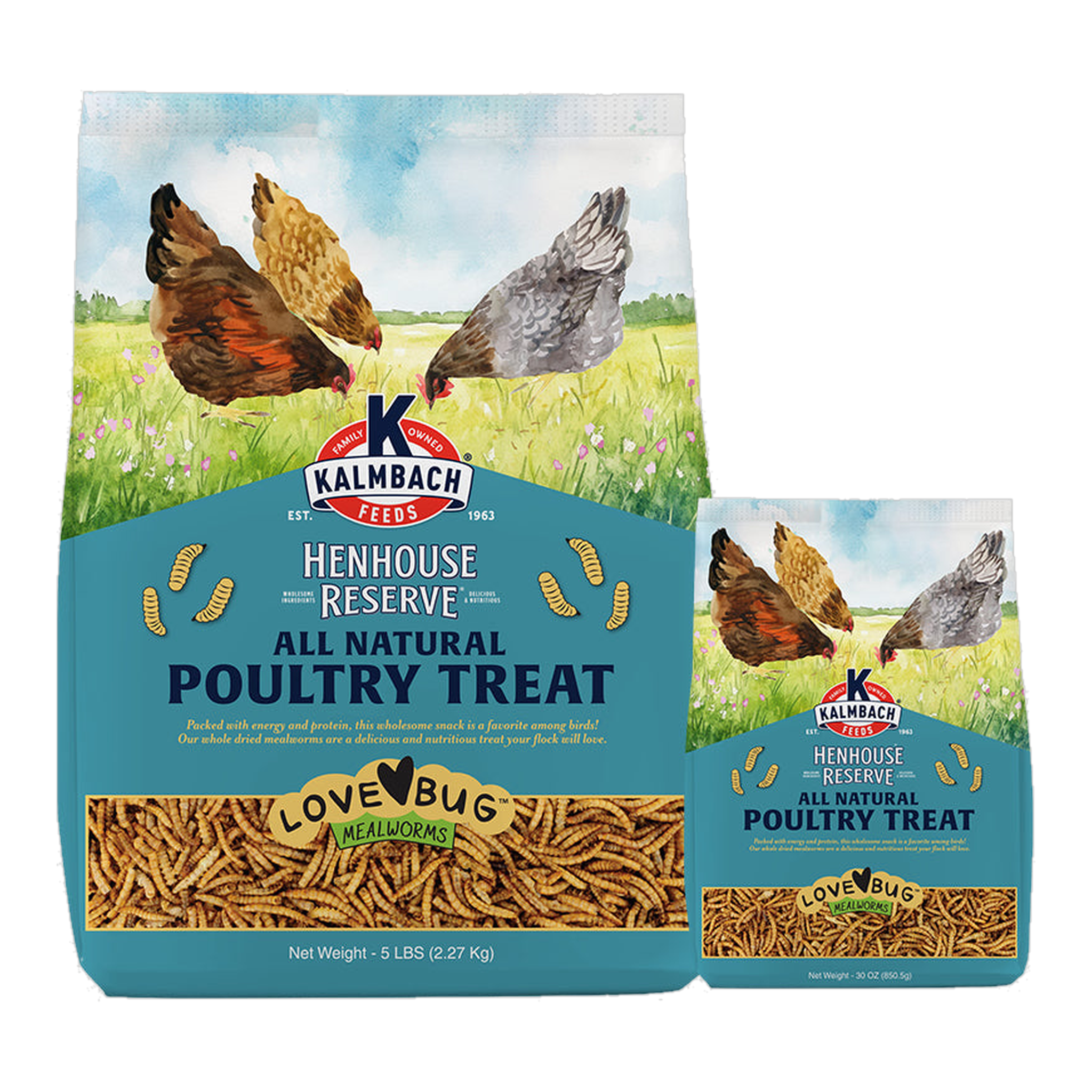 Kalmbach Feeds Henhouse Reserve Love Bug Mealworm Treats bag front #30 oz