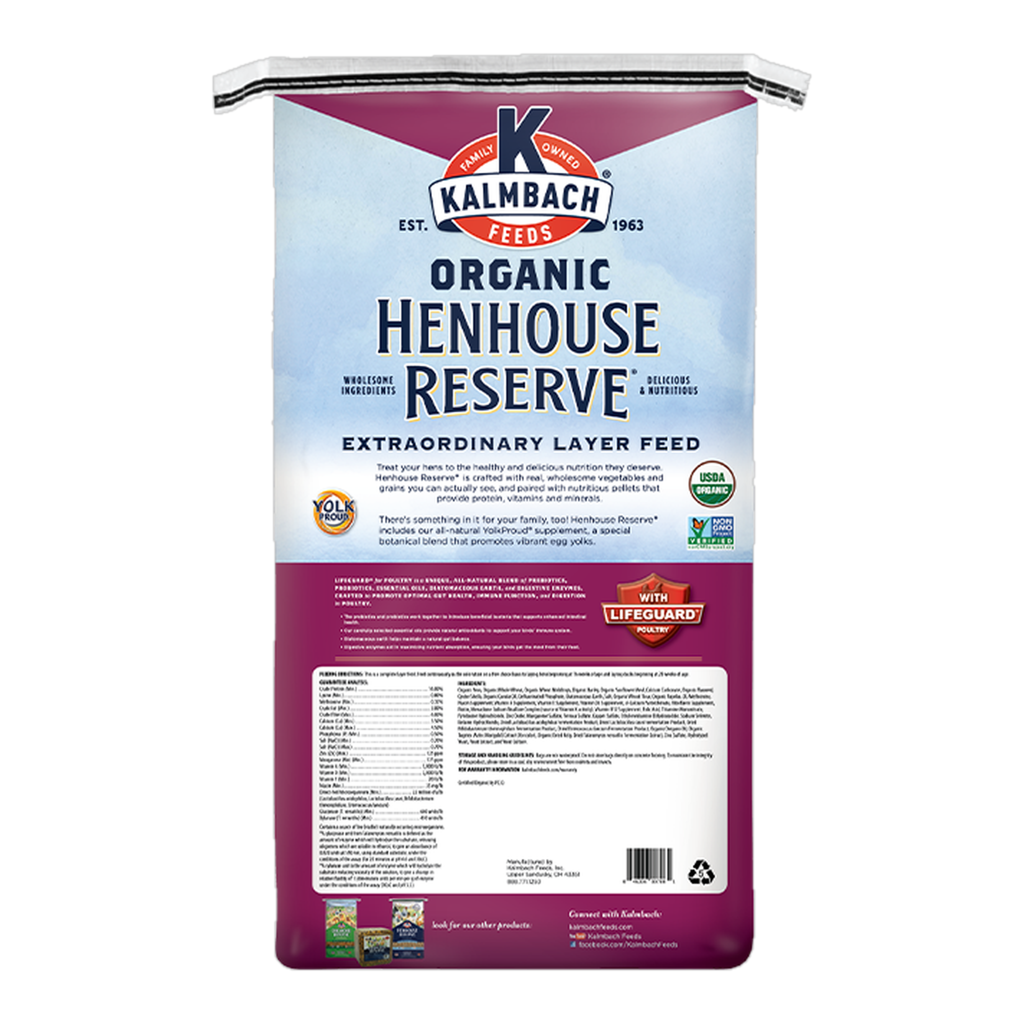 Kalmbach Feeds Organic Henhouse Reserve 30 lb bag back with guaranteed analysis and ingredients #30 lb