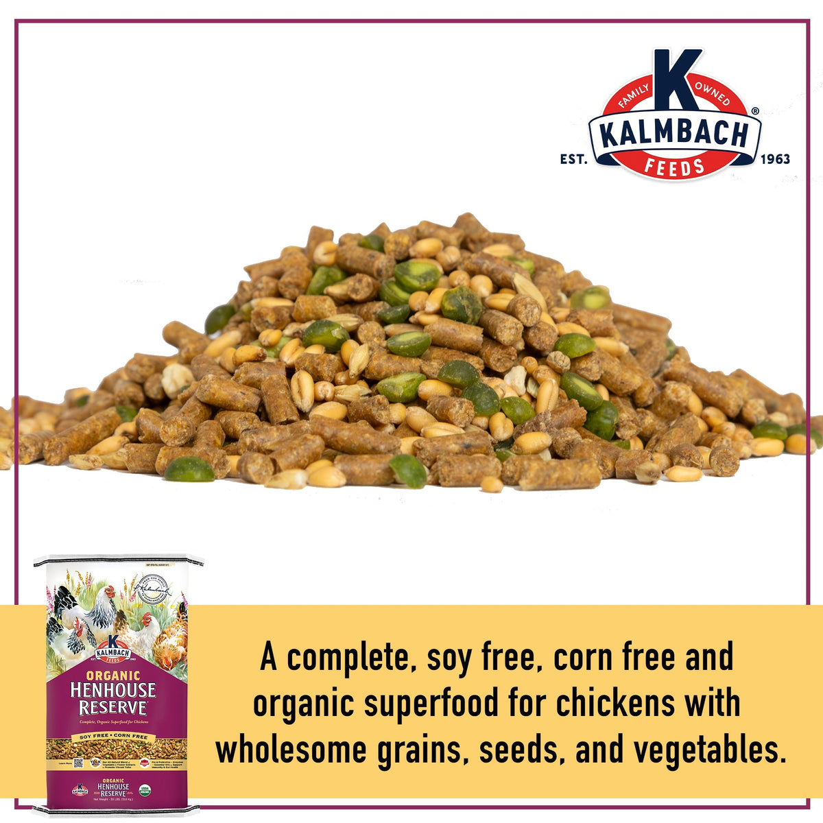 Close-up of Kalmbach Organic Henhouse Reserve textured feed with whole grains, peas and pellets