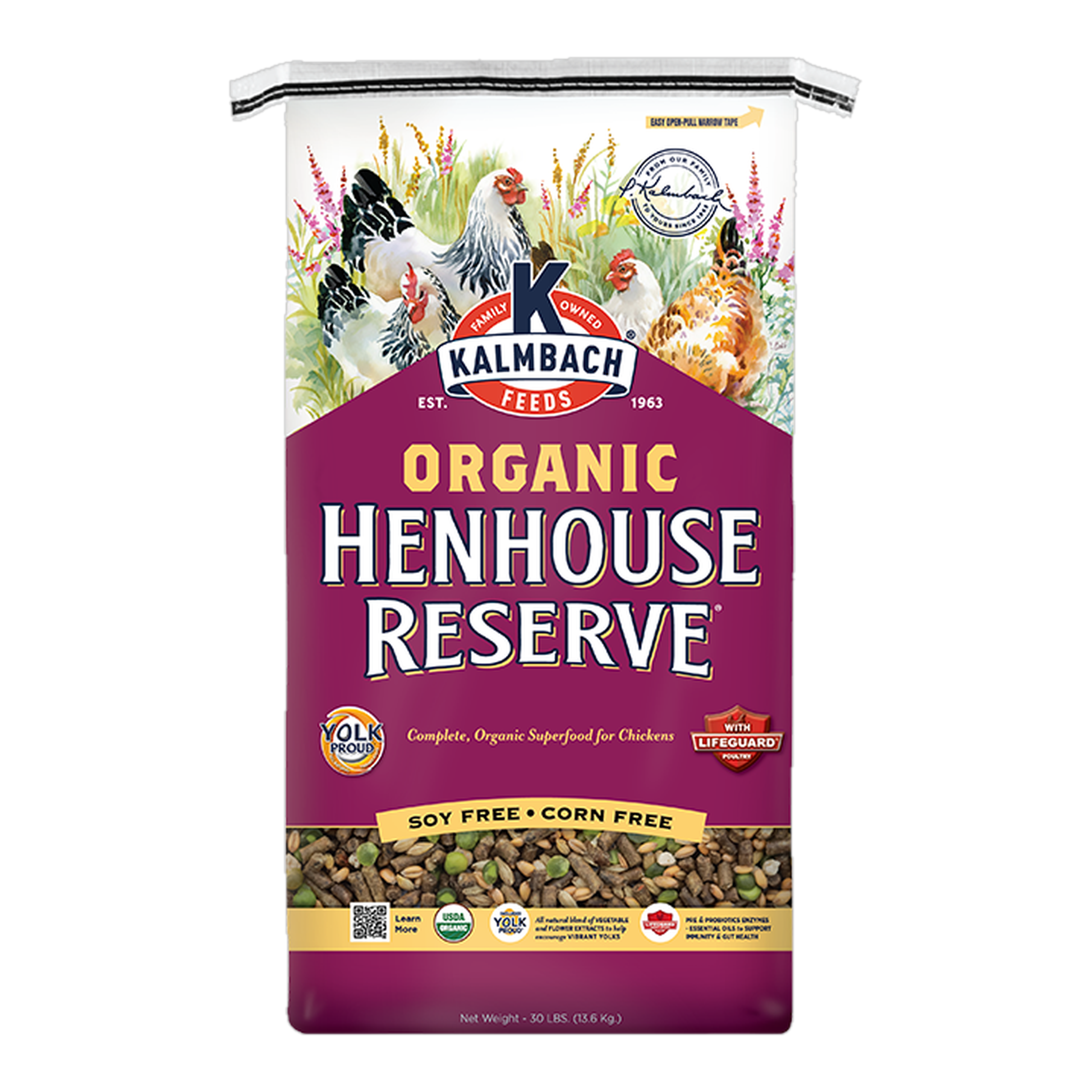 Kalmbach Feeds Organic Henhouse Reserve organic chicken layer feed 30 lb bag front #30 lb