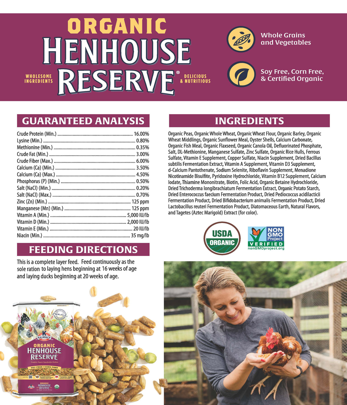 Kalmbach Organic Henhouse Reserve sell sheet with guaranteed analysis, ingredients and feeding directions