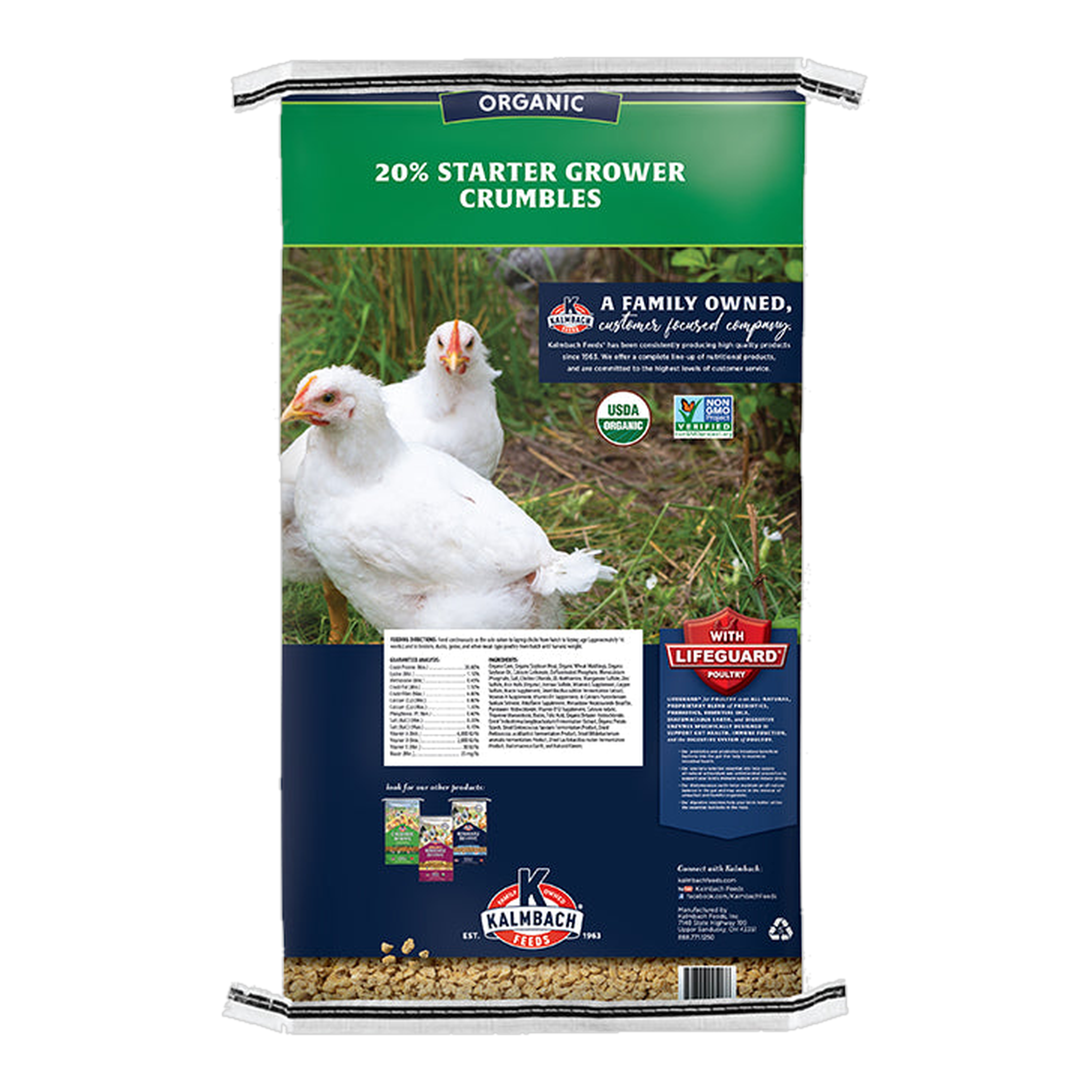 Kalmbach Feeds 20% Organic Chick and Meatbird Starter Grower Crumble 35 lb bag back #35 lb