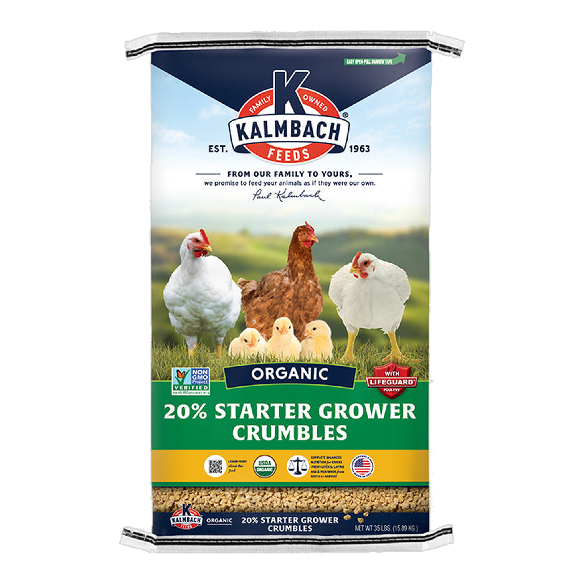 Kalmbach Feeds 20% Organic Chick and Meatbird Starter Grower Crumble 35 lb bag front #35 lb