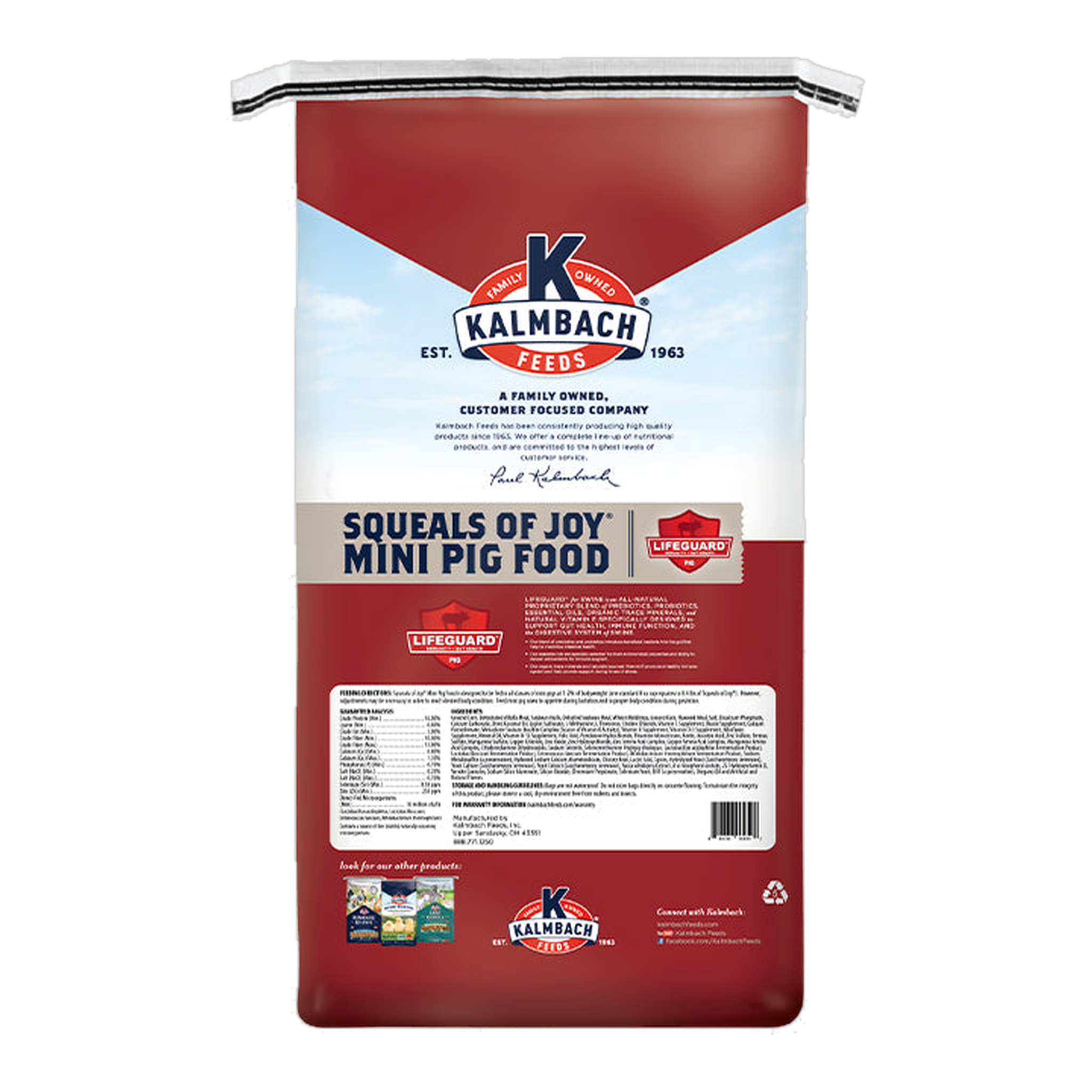 Kalmbach Feeds Squeals of Joy Mini Pig Food 25 lb bag, back with feeding directions and guaranteed analysis #25 lb