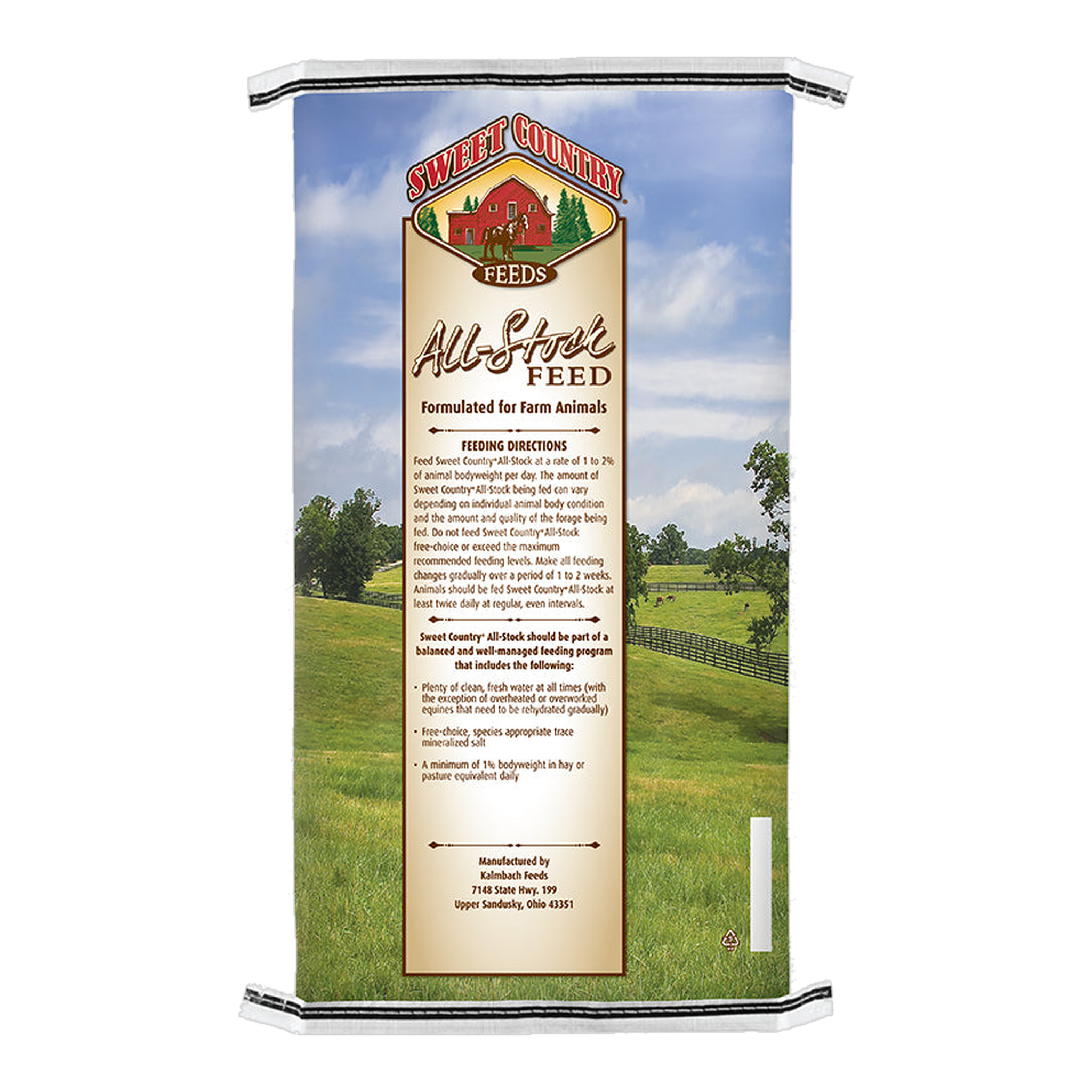 Sweet Country 12% All Stock Feed bag back with feeding directions #50 lb