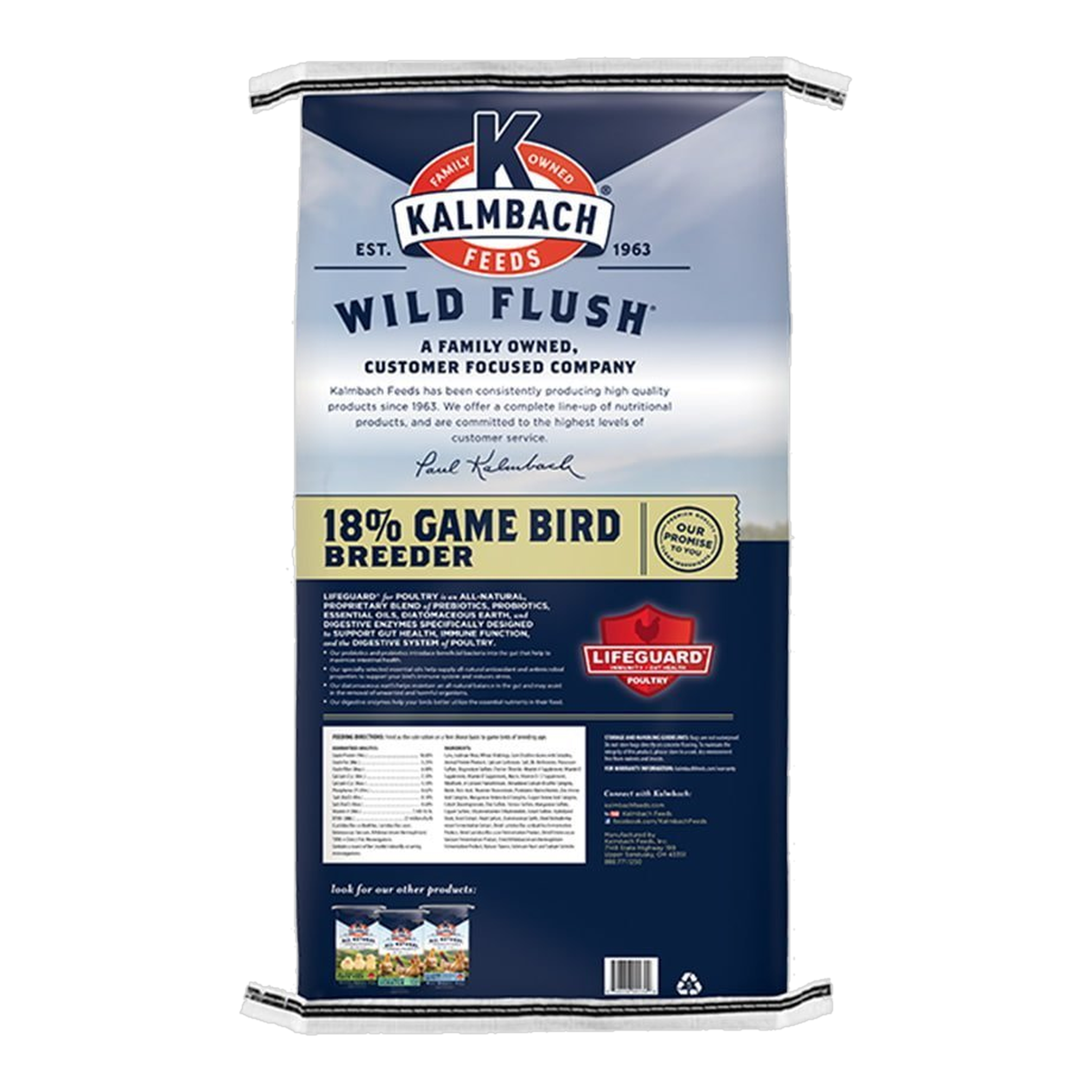 Back label of Kalmbach Wild Flush 18% Game Bird Breeder with feeding directions