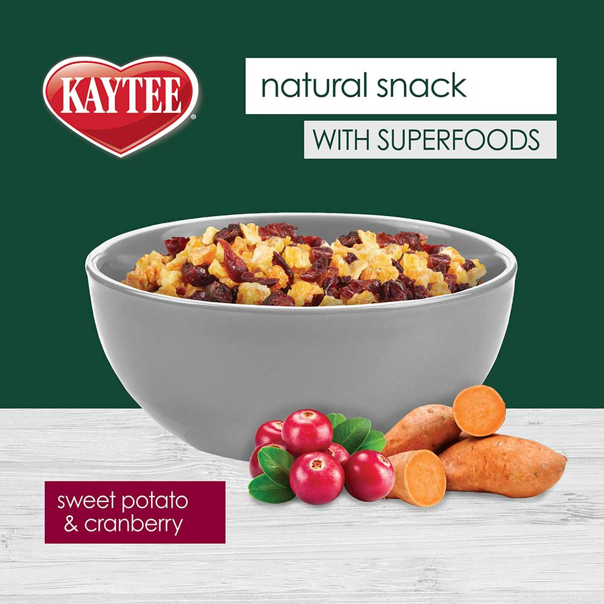 Kaytee Natural Snack with Superfoods, Sweet Potato & Cranberry, 3 Ounce sweet potato and cranberry ingredients in a bowl
