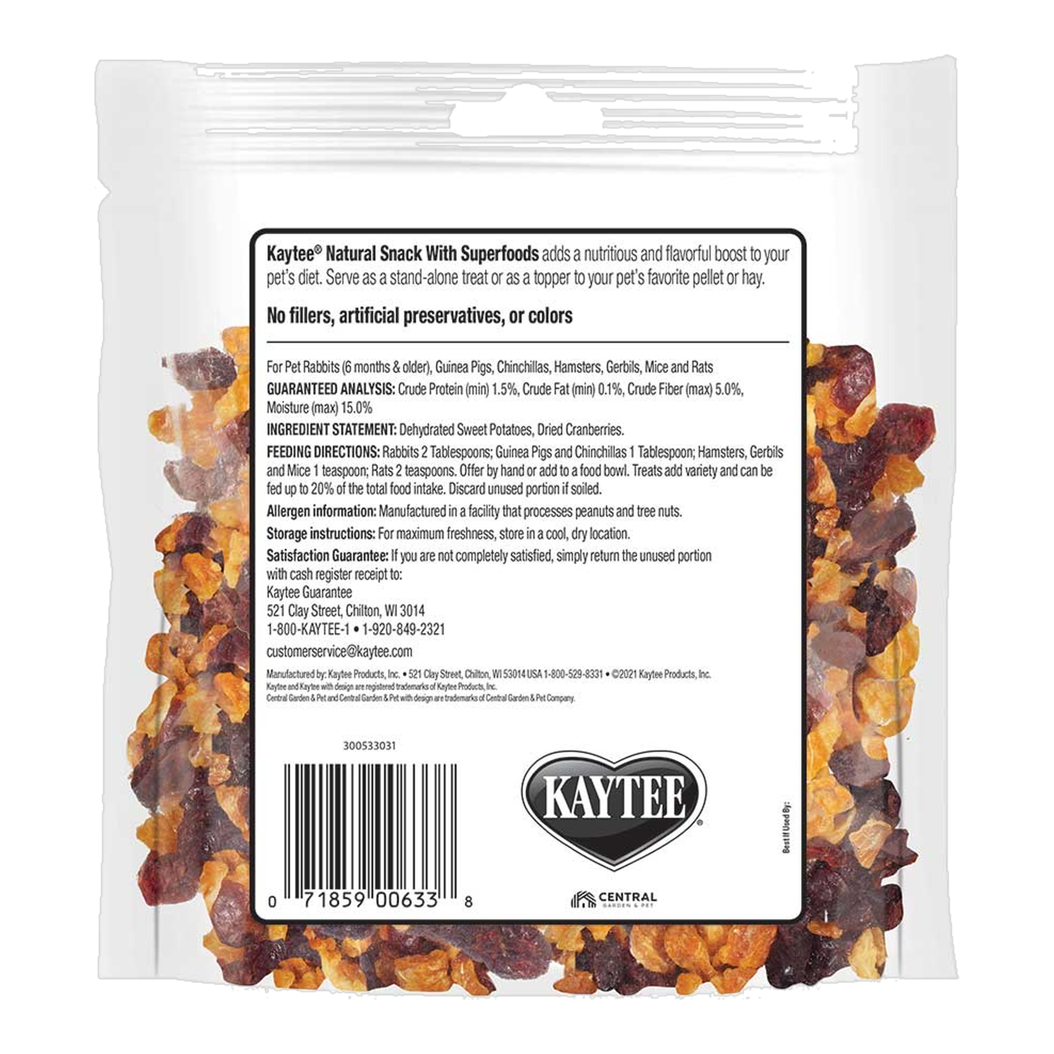 Kaytee Natural Snack with Superfoods, Sweet Potato & Cranberry, 3 Ounce package back