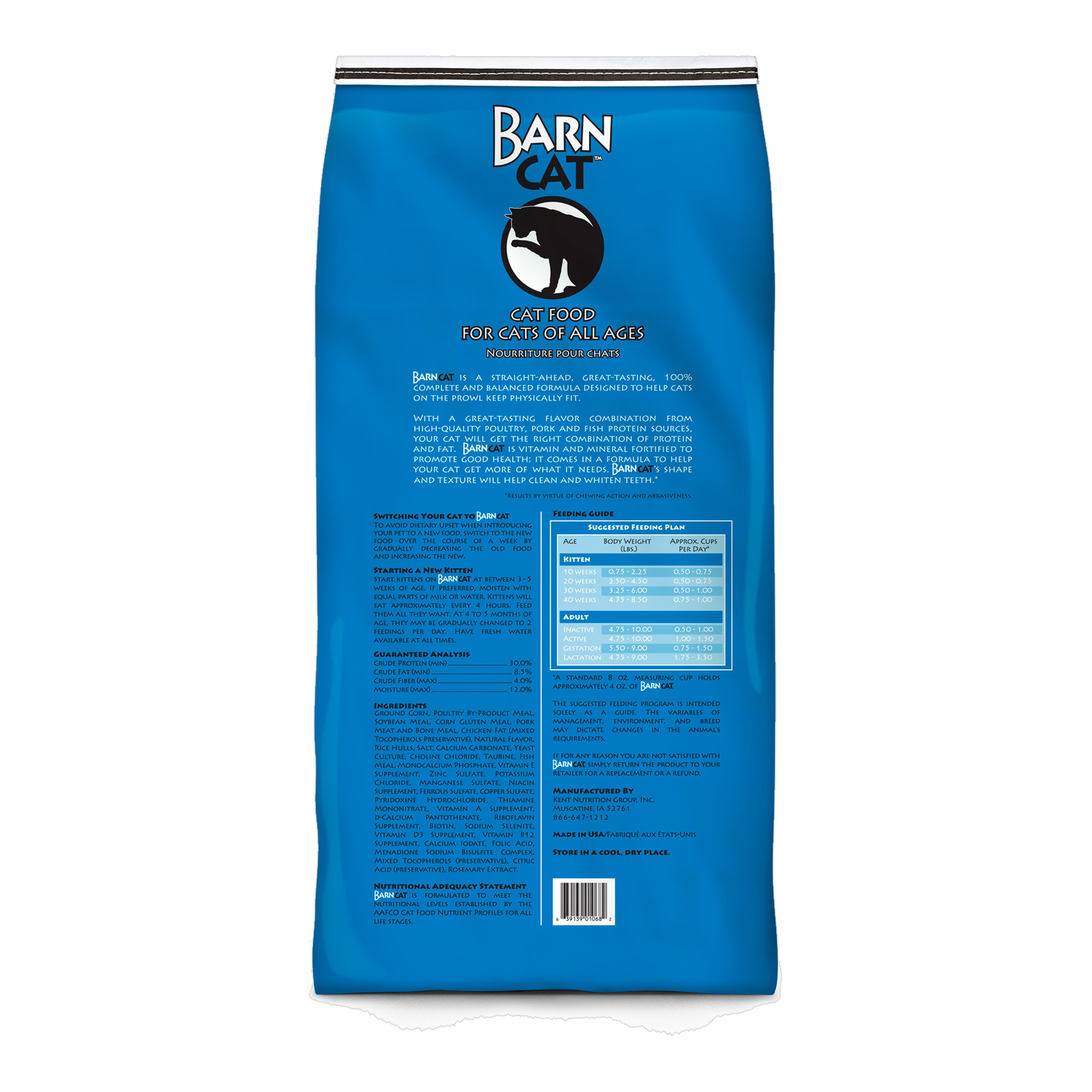 Back of the Kent Barn Cat bag with feeding guide, guaranteed analysis, and ingredients