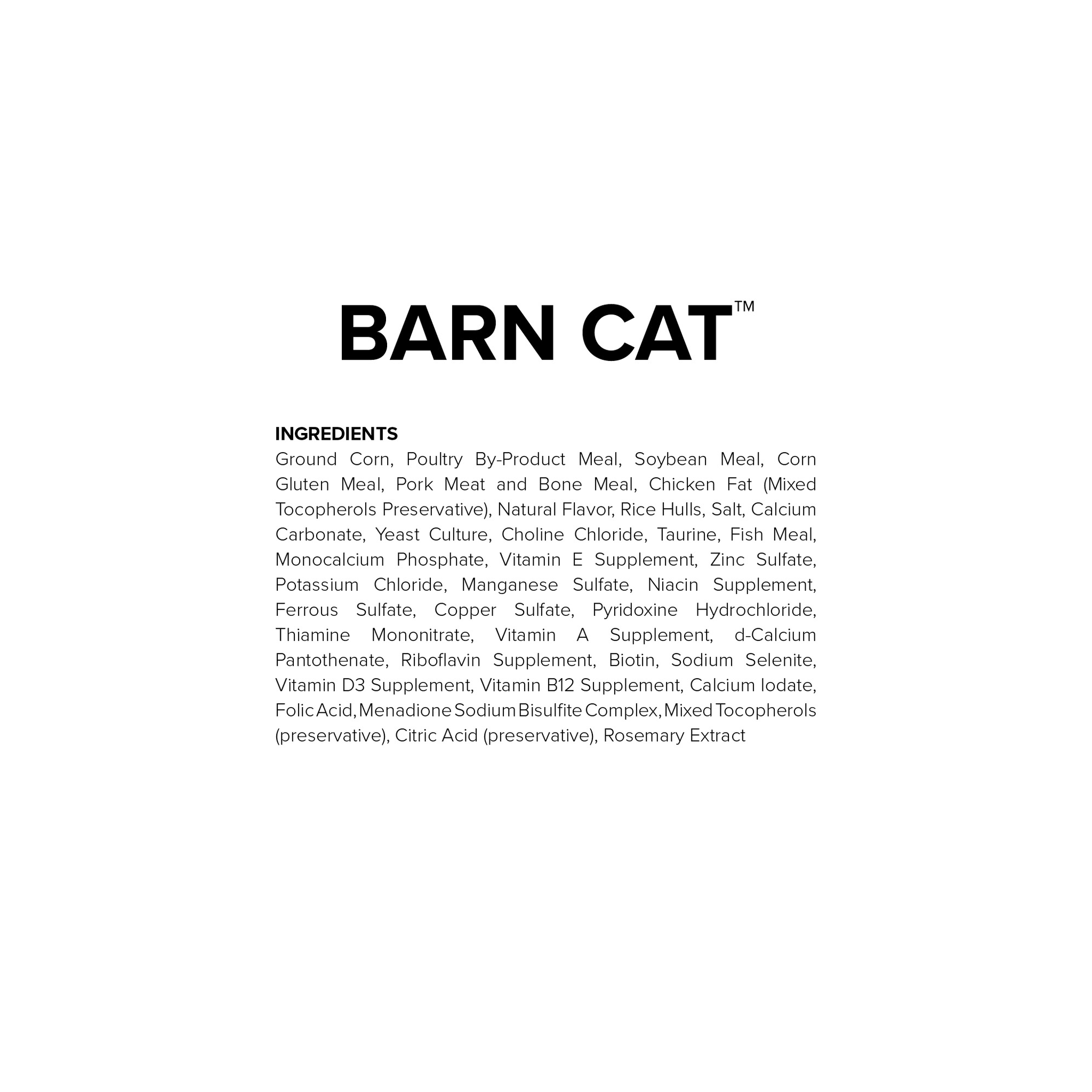 Barn Cat full ingredients list including poultry by-product meal, pork meat and bone meal, and fish meal