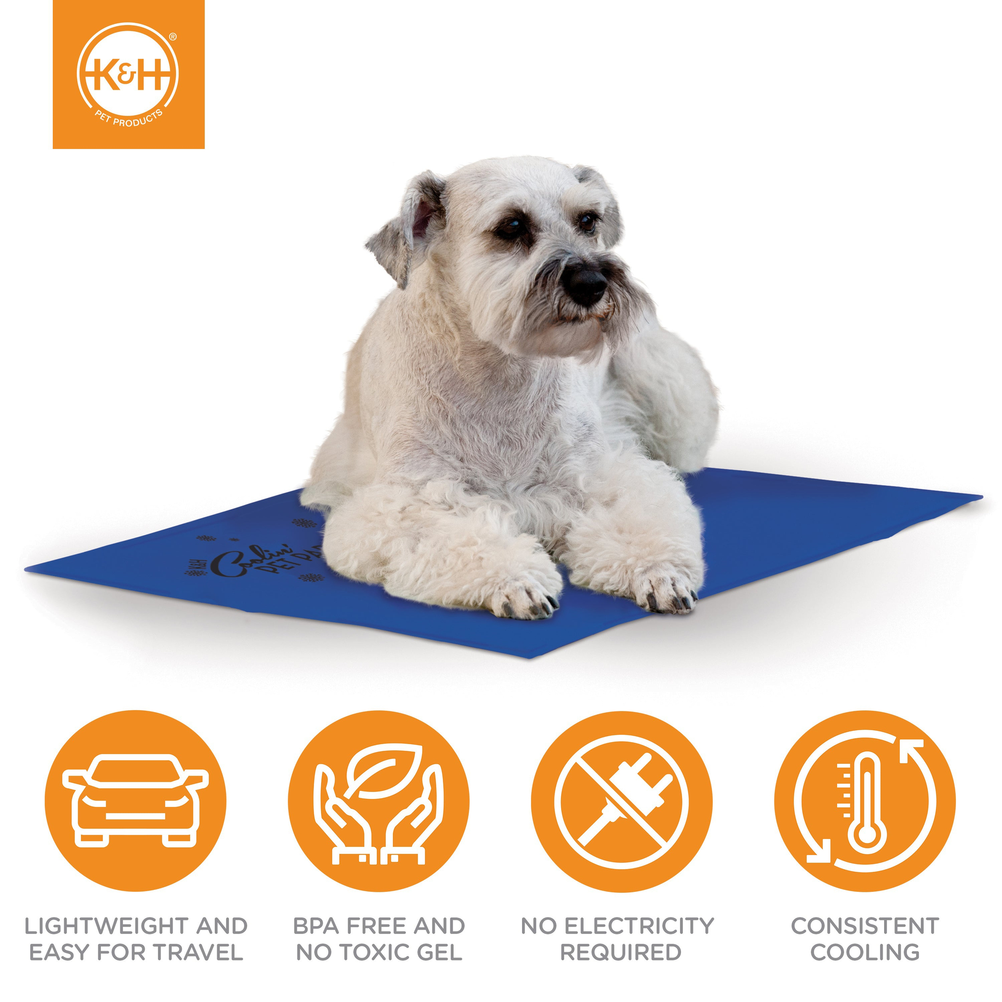 K&H Coolin Pet Pad features: lightweight for travel, BPA free with no toxic gel, no electricity required, consistent cooling