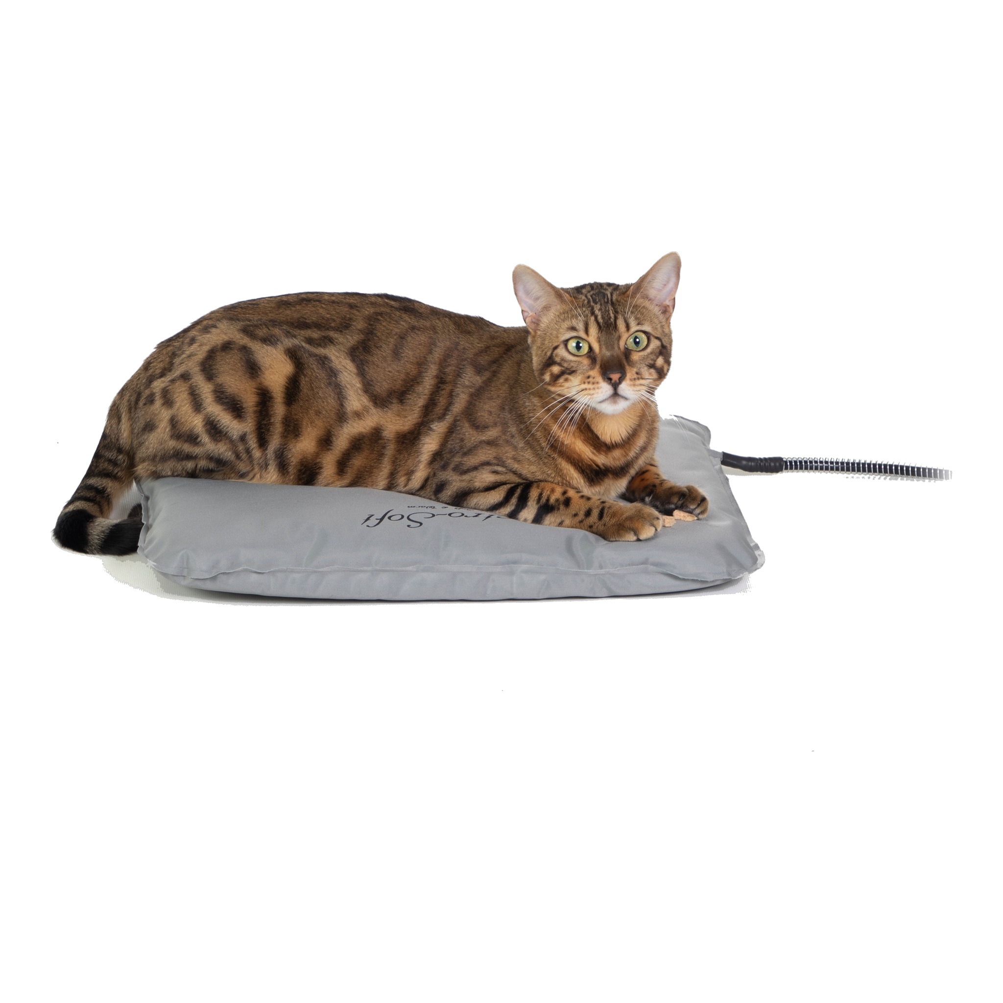 K&H Lectro-Soft outdoor heated pet bed in gray with a bengal cat resting on it