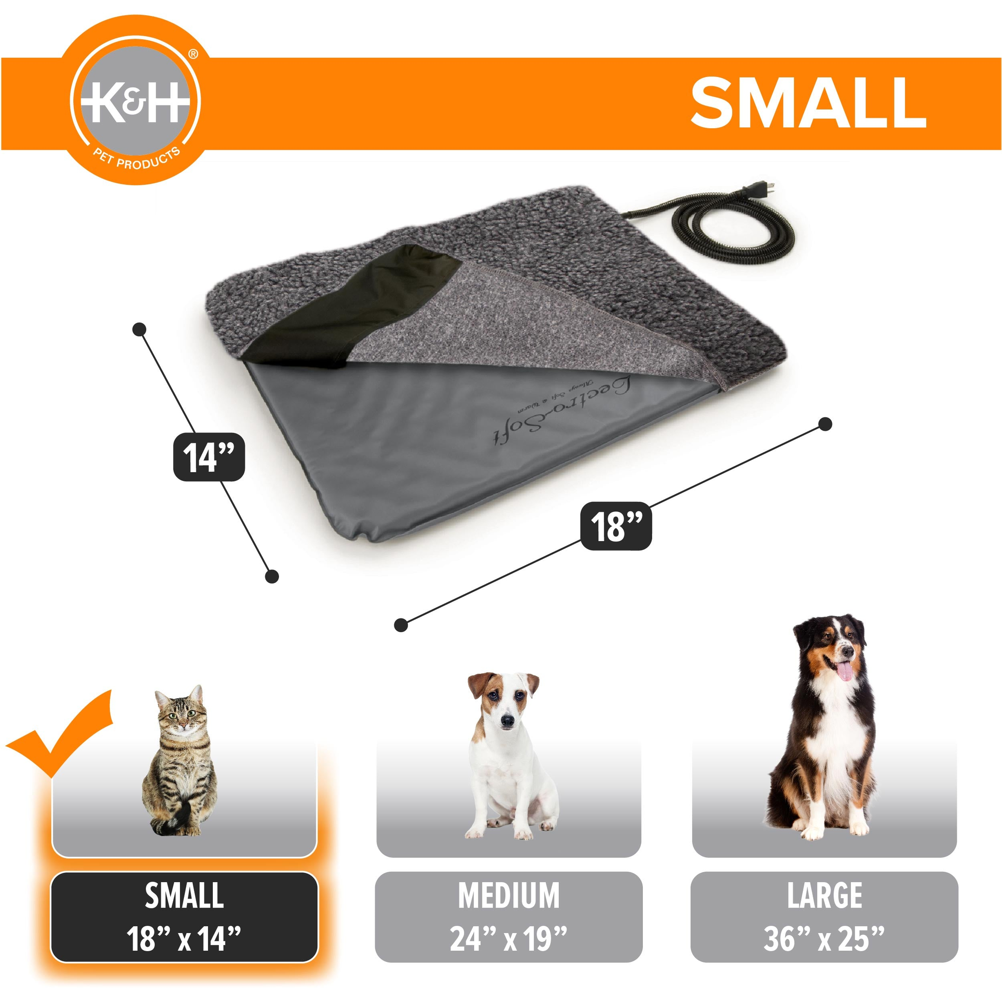 K&H Lectro-Soft Small heated bed measures 14 by 18 inches, suited to cats and small dogs