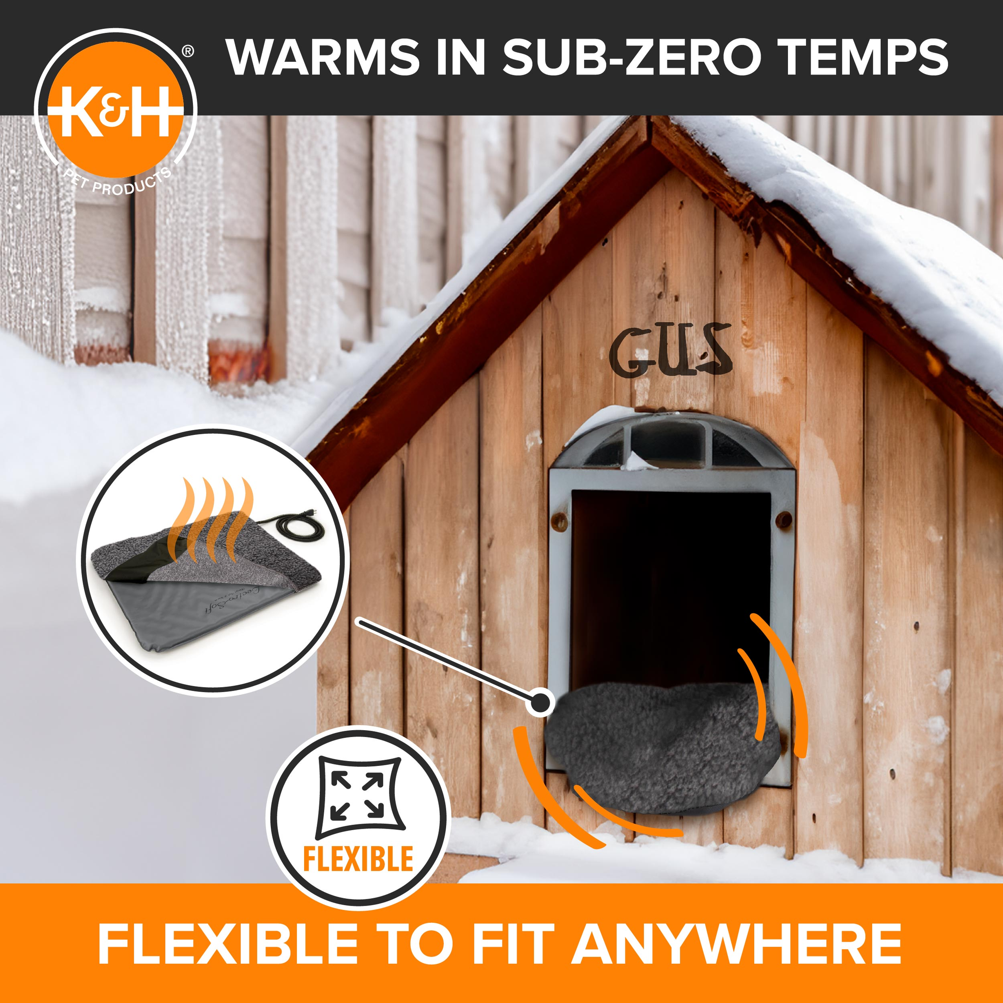 K&H Lectro-Soft heated bed warms in sub-zero temperatures and flexes to fit inside a dog house