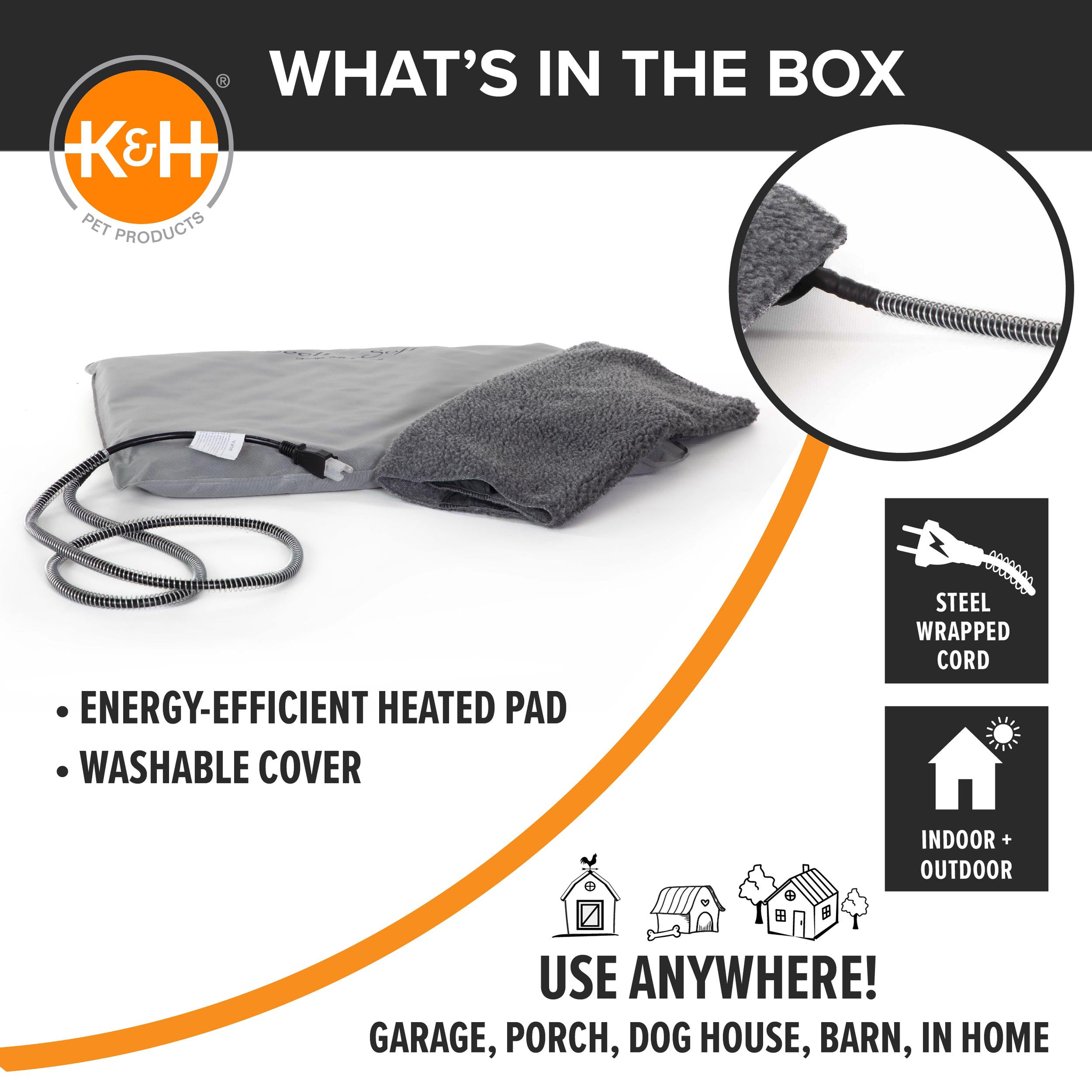 What is in the box with the K&H Lectro-Soft: energy efficient heated pad and washable cover with a steel wrapped cord