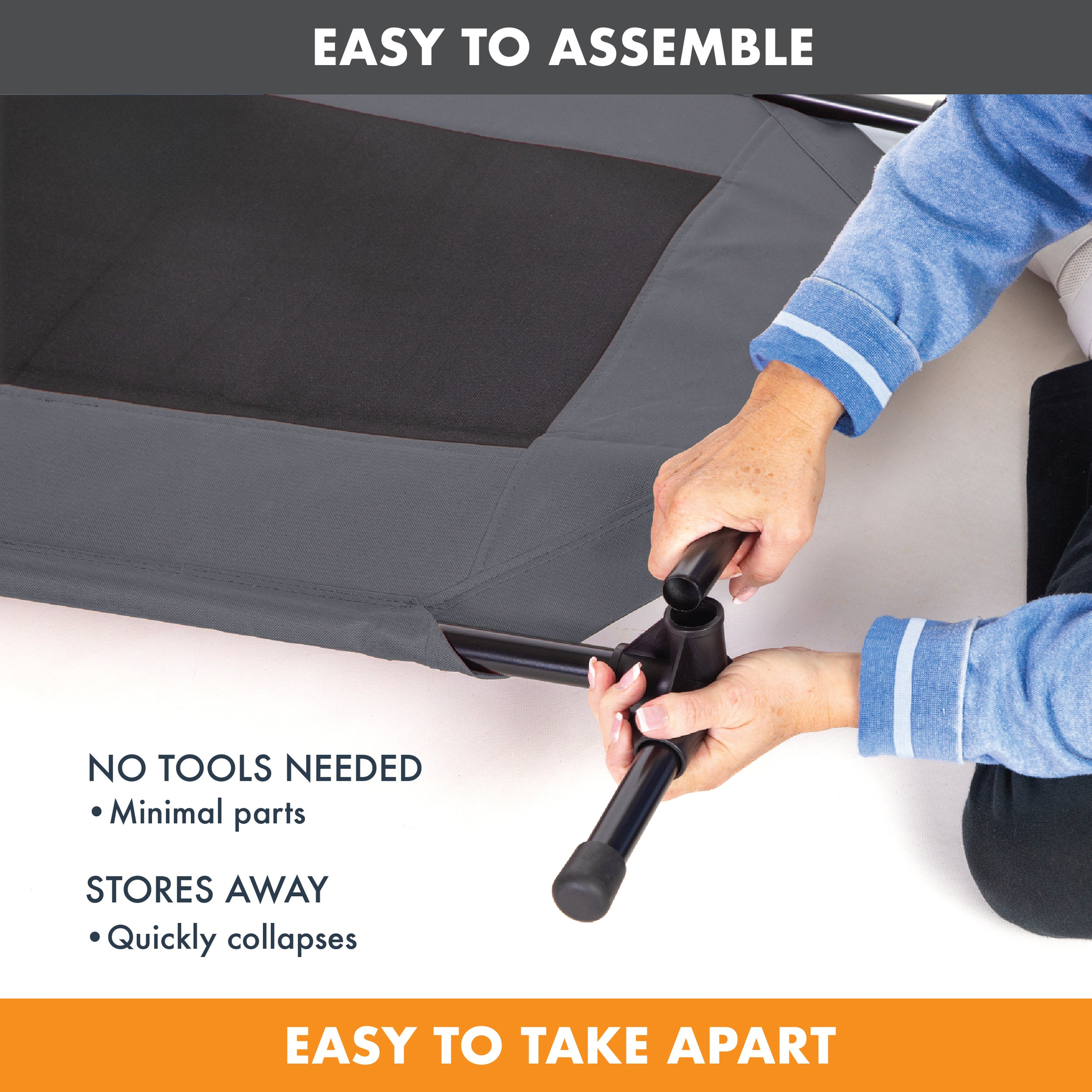 K&H Original Pet Cot assembles with no tools, minimal parts, and quickly collapses for storage
