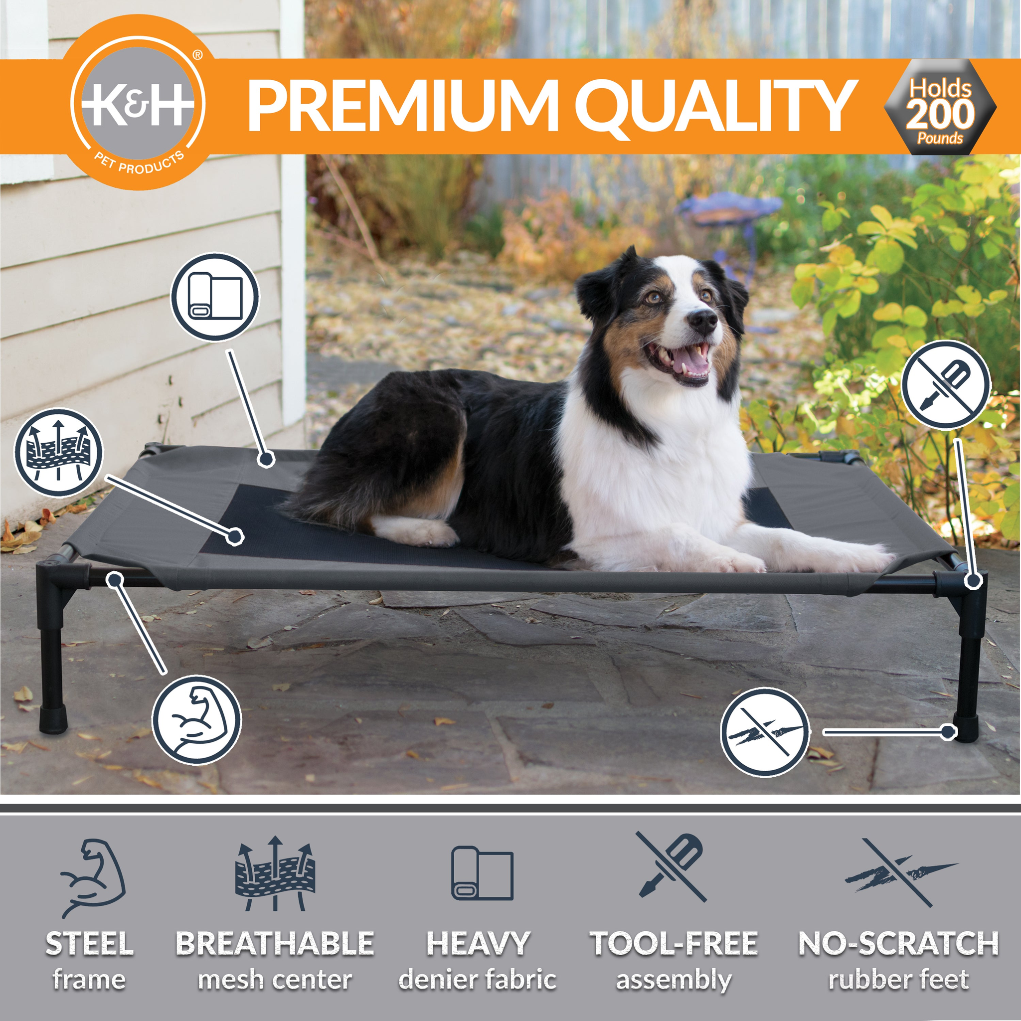 K&H Original Pet Cot features: steel frame, breathable mesh center, heavy denier fabric, tool-free assembly, no-scratch rubber feet, holds 200 pounds