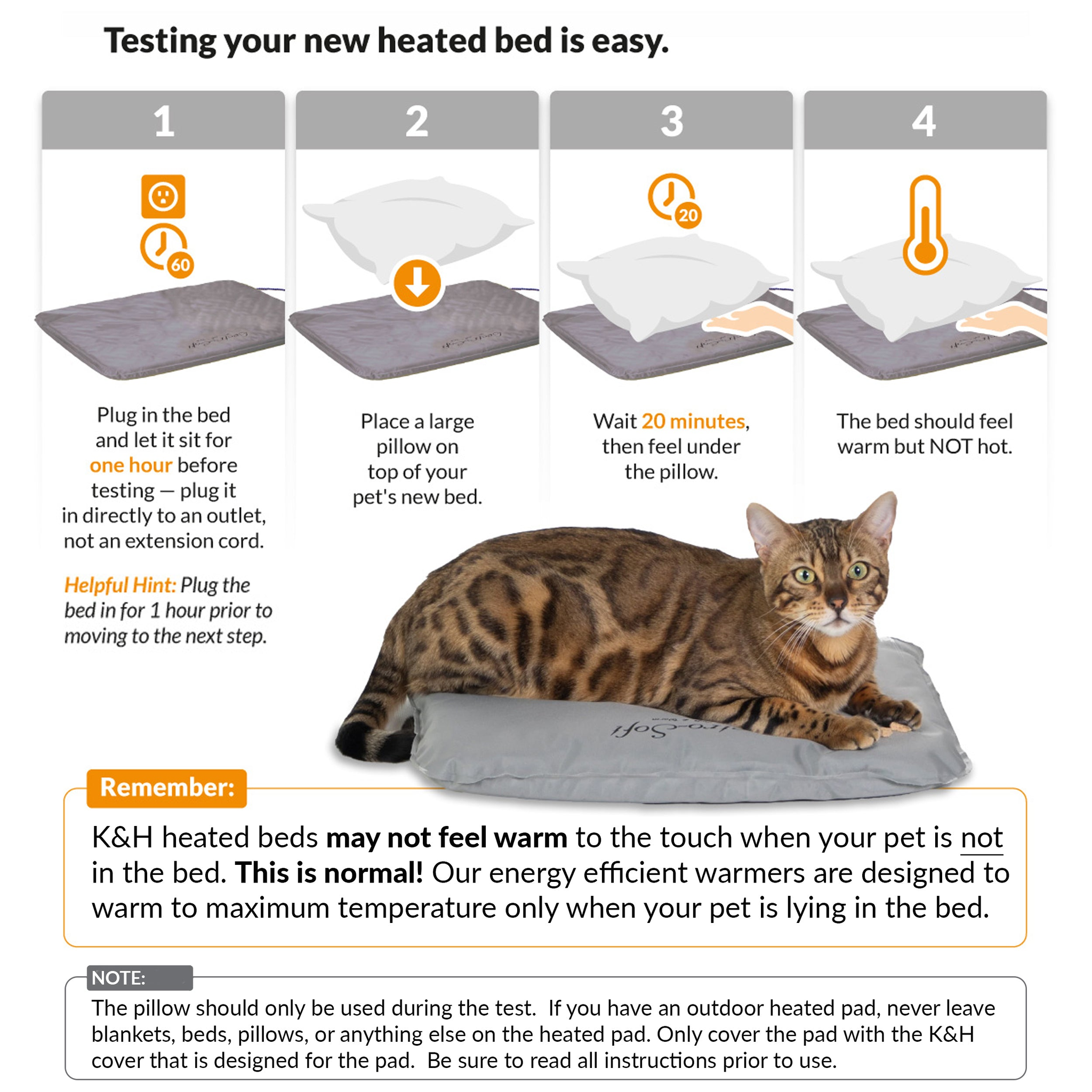 Four step guide to testing a K&H heated pet bed with a pillow after one hour