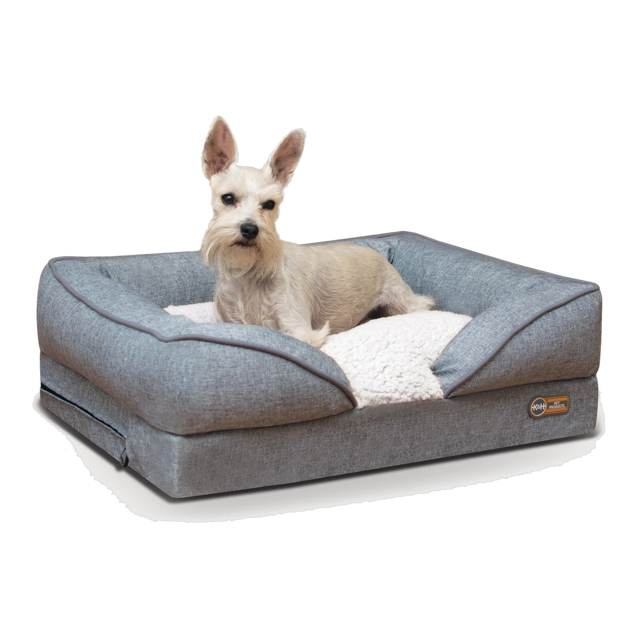 K&H Pillow-Top Orthopedic Lounger pet bed in Classy Gray with a small dog resting on the pillow top