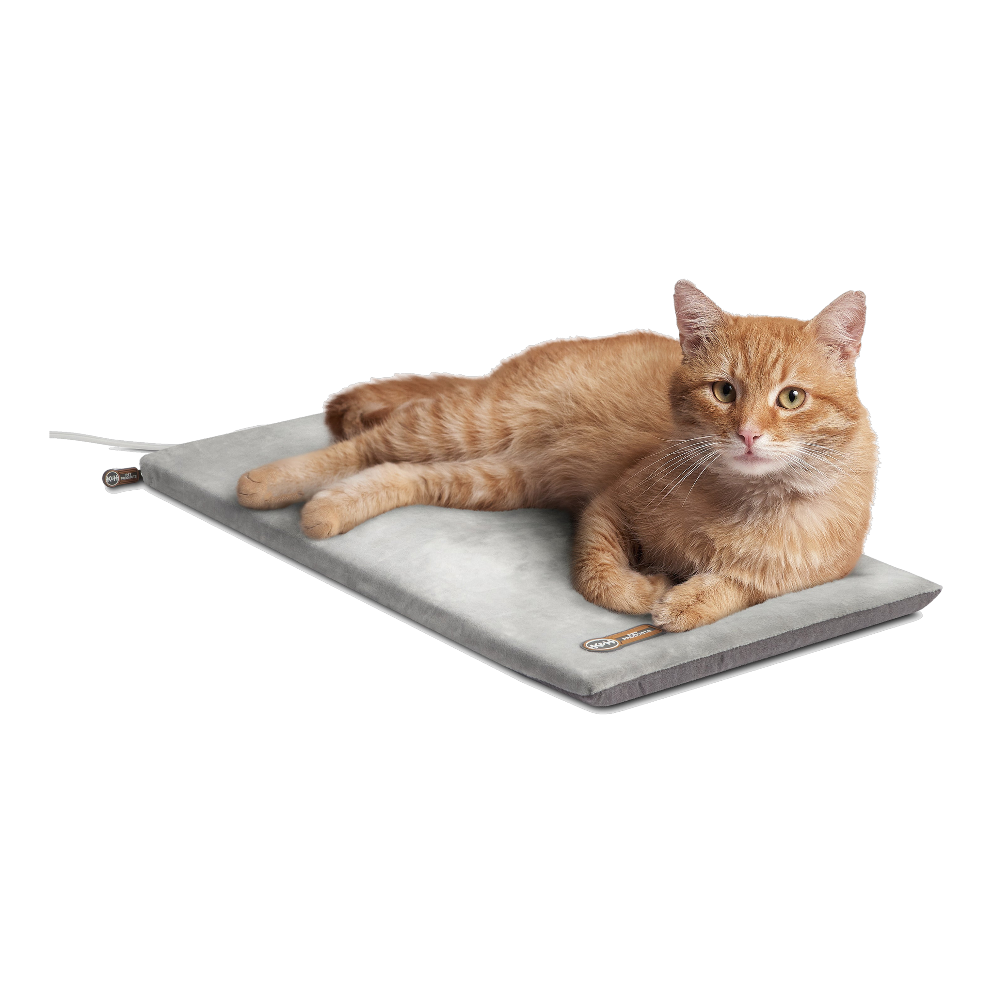 K&H Thermo-Kitty Mat heated cat bed in gray with an orange cat lying on it