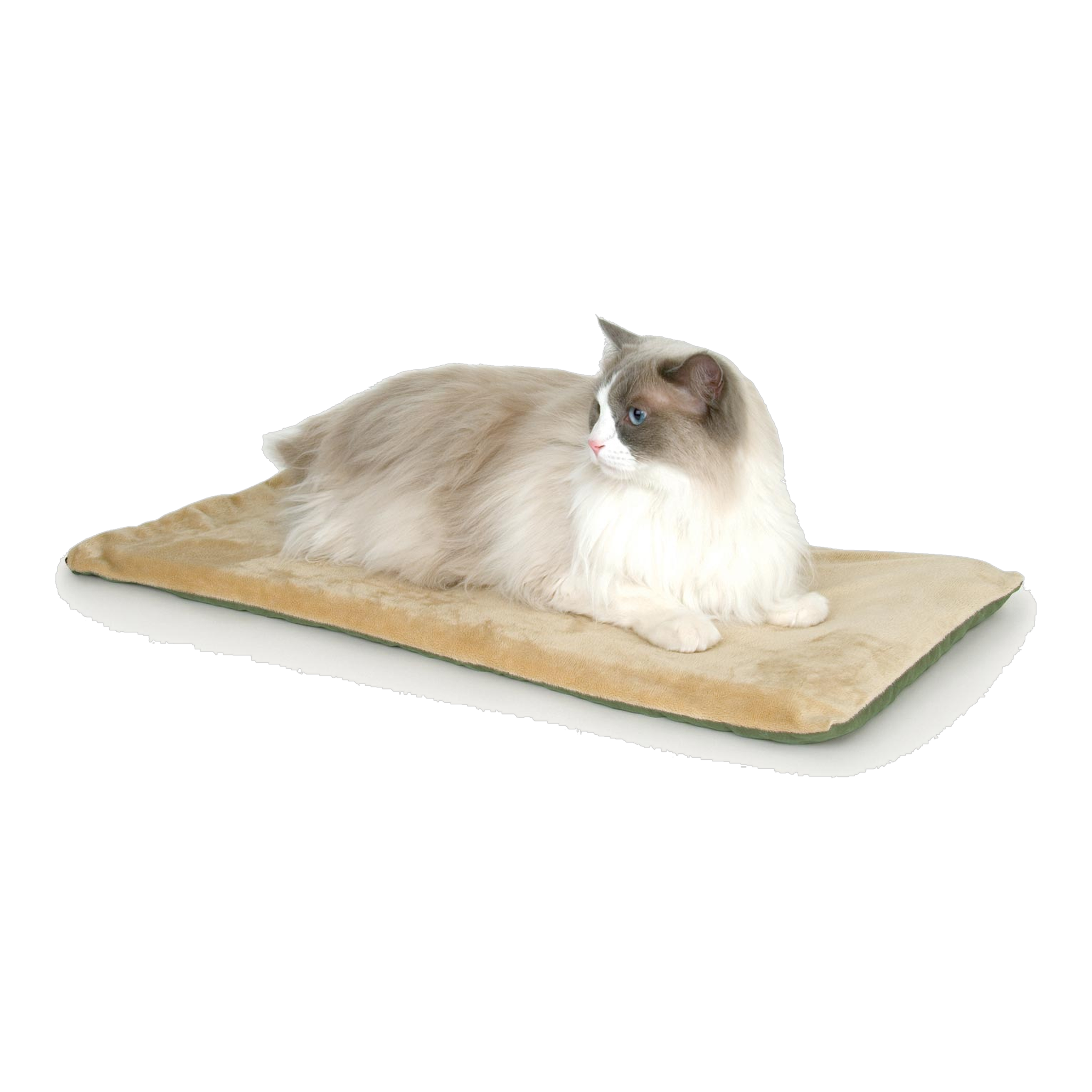 K&H Thermo-Kitty Mat heated cat bed in sage and tan with a long haired cat lying on it