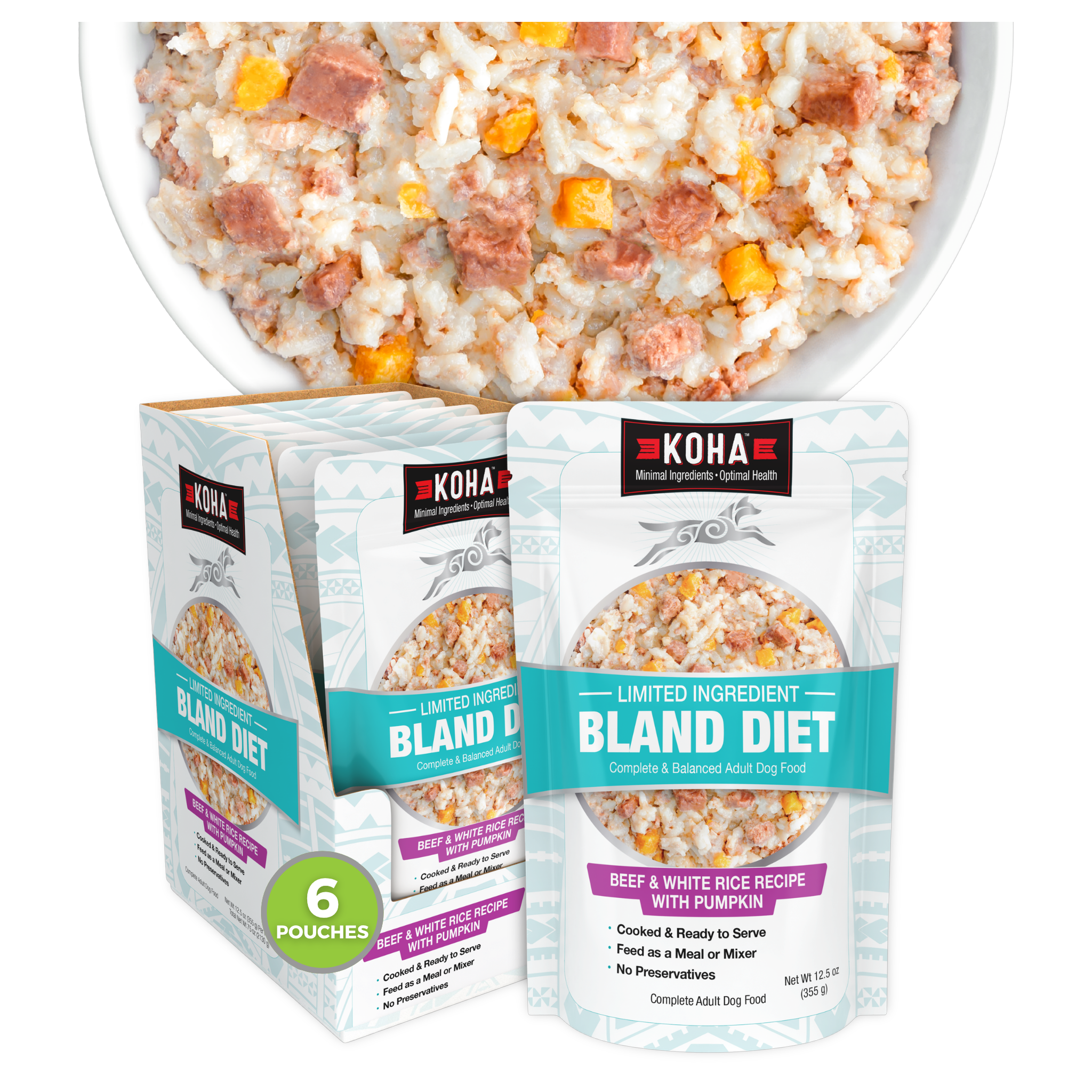KOHA Limited Ingredient Wet Bland Diet Beef and White Rice Recipe with Pumpkin for dogs, 12.5 oz pouch shown with a 6-pouch case and a bowl of the prepared recipe