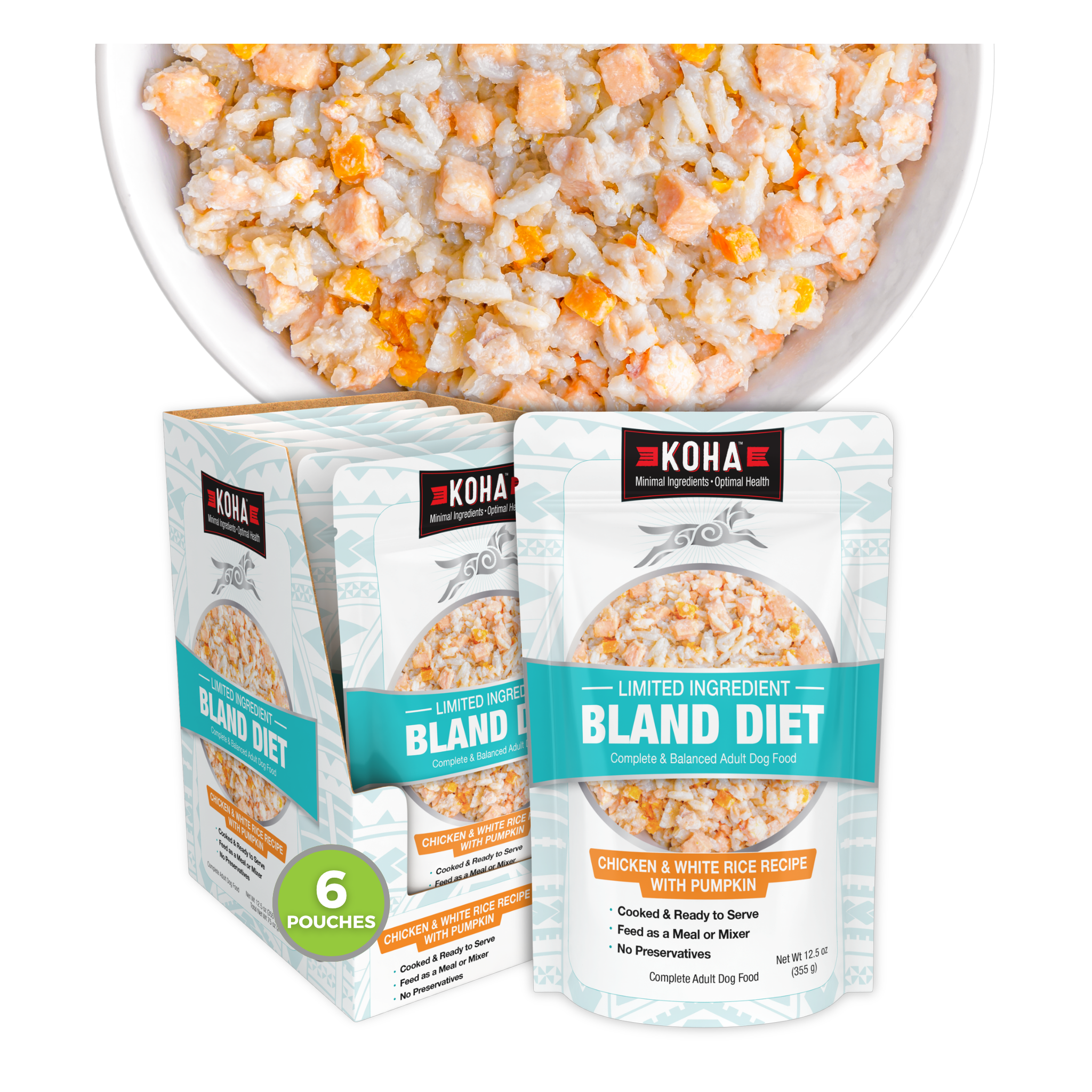 KOHA Limited Ingredient Wet Bland Diet Chicken and White Rice Recipe with Pumpkin for dogs, 12.5 oz pouch shown with a 6-pouch case