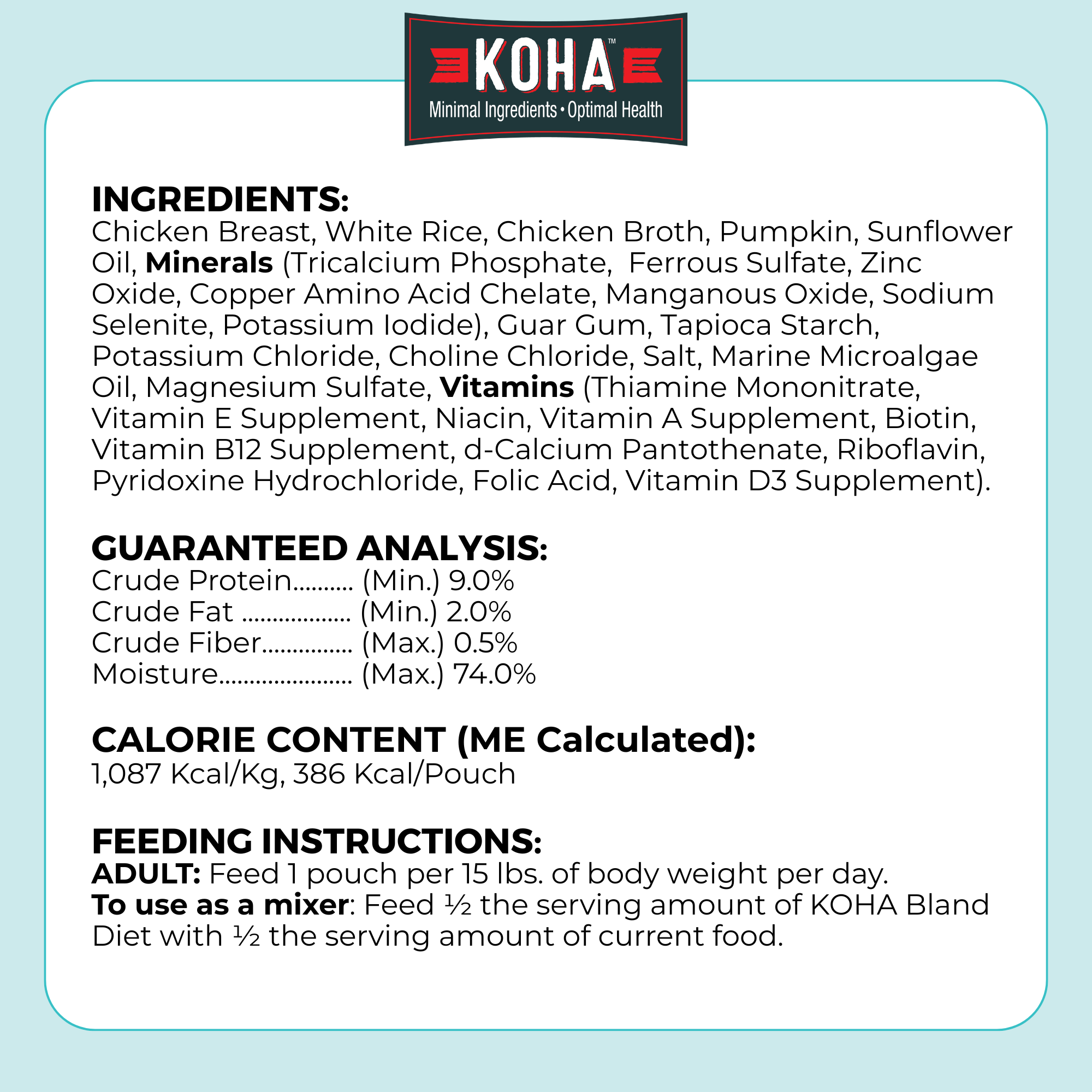 KOHA Bland Diet Chicken and White Rice label information listing ingredients, guaranteed analysis, calorie content, and feeding instructions