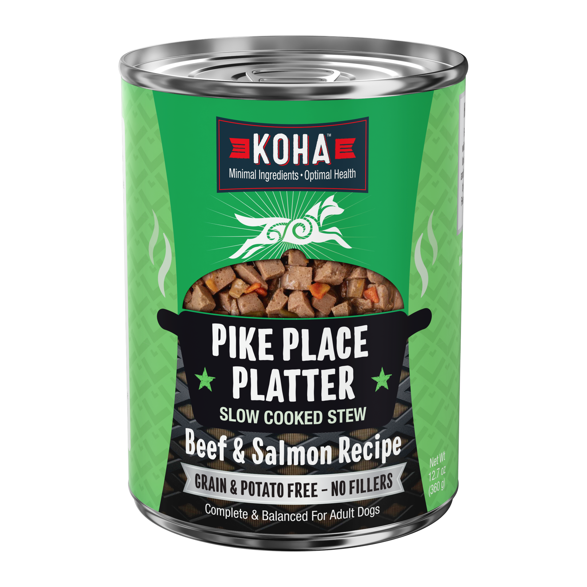 KOHA Pike Place Platter Slow Cooked Stew Beef and Salmon Recipe for dogs, 12.7 oz can, grain and potato free with no fillers #12.7 OZ