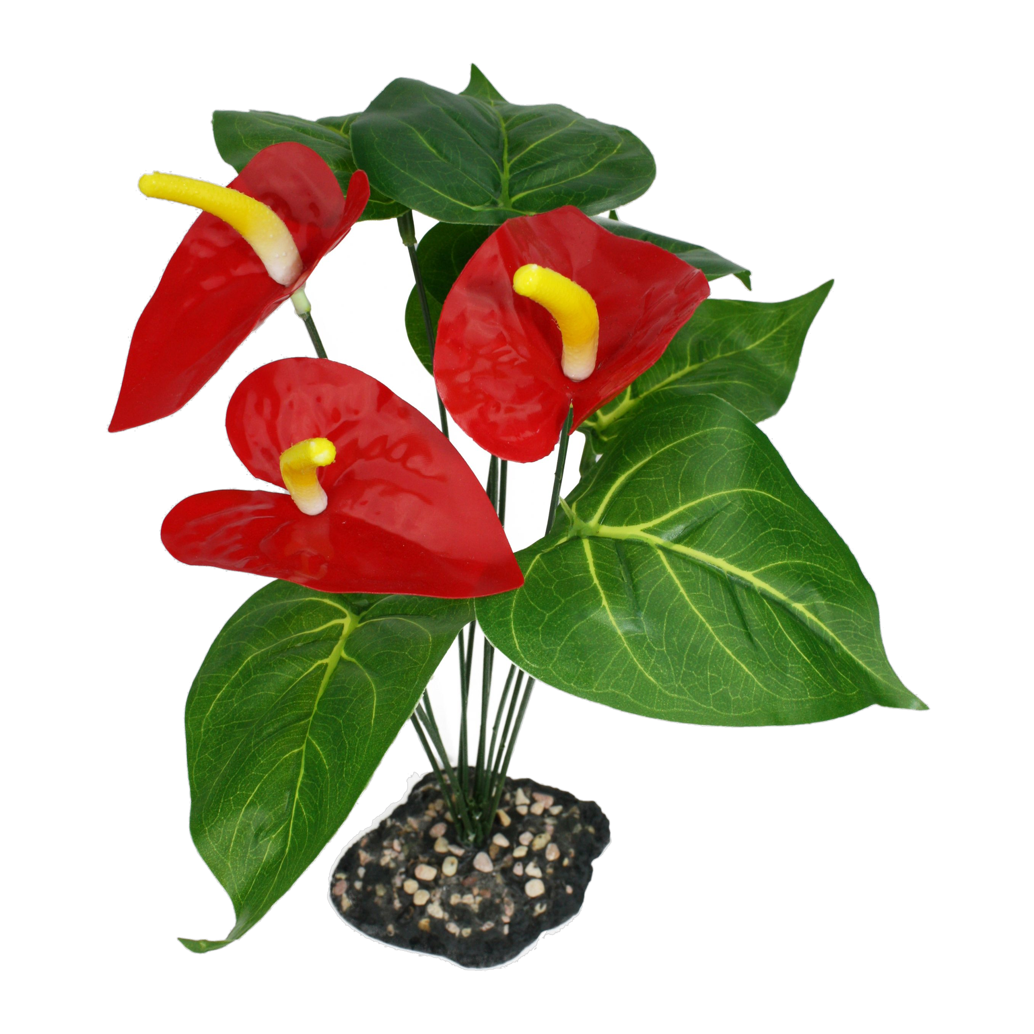 Komodo Anthurium Bush artificial terrarium plant with red blooms, green leaves, and a weighted gravel base